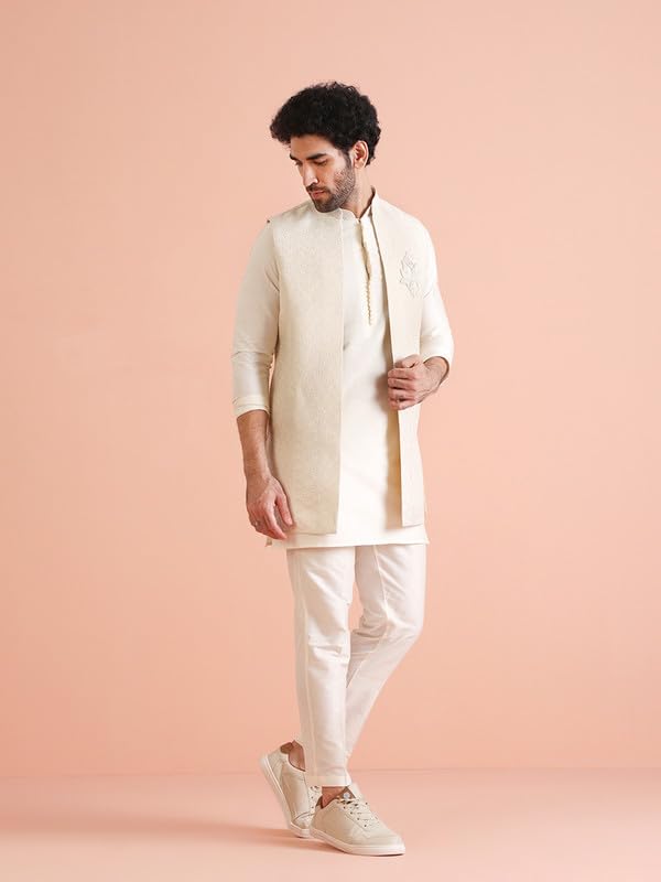 Men’s Silk Blend Kurta Pyjama Set with Printed Modi Jacket | Mandarin Collar Ethnic WearMen’s Silk Blend Kurta Pyjama Set with Printed Modi Jacket | Mandarin Collar Ethnic Wear - Image 3