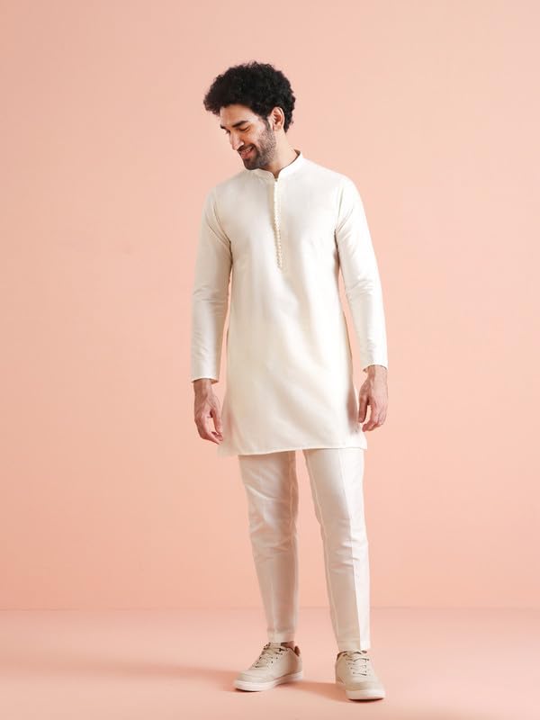 Men’s Silk Blend Kurta Pyjama Set with Printed Modi Jacket | Mandarin Collar Ethnic WearMen’s Silk Blend Kurta Pyjama Set with Printed Modi Jacket | Mandarin Collar Ethnic Wear - Image 4