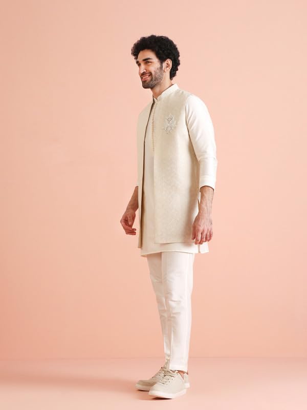 Men’s Silk Blend Kurta Pyjama Set with Printed Modi Jacket | Mandarin Collar Ethnic WearMen’s Silk Blend Kurta Pyjama Set with Printed Modi Jacket | Mandarin Collar Ethnic Wear - Image 6