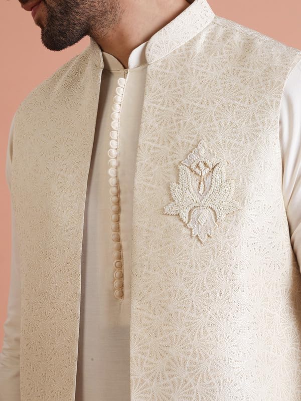 Men’s Silk Blend Kurta Pyjama Set with Printed Modi Jacket | Mandarin Collar Ethnic WearMen’s Silk Blend Kurta Pyjama Set with Printed Modi Jacket | Mandarin Collar Ethnic Wear - Image 5