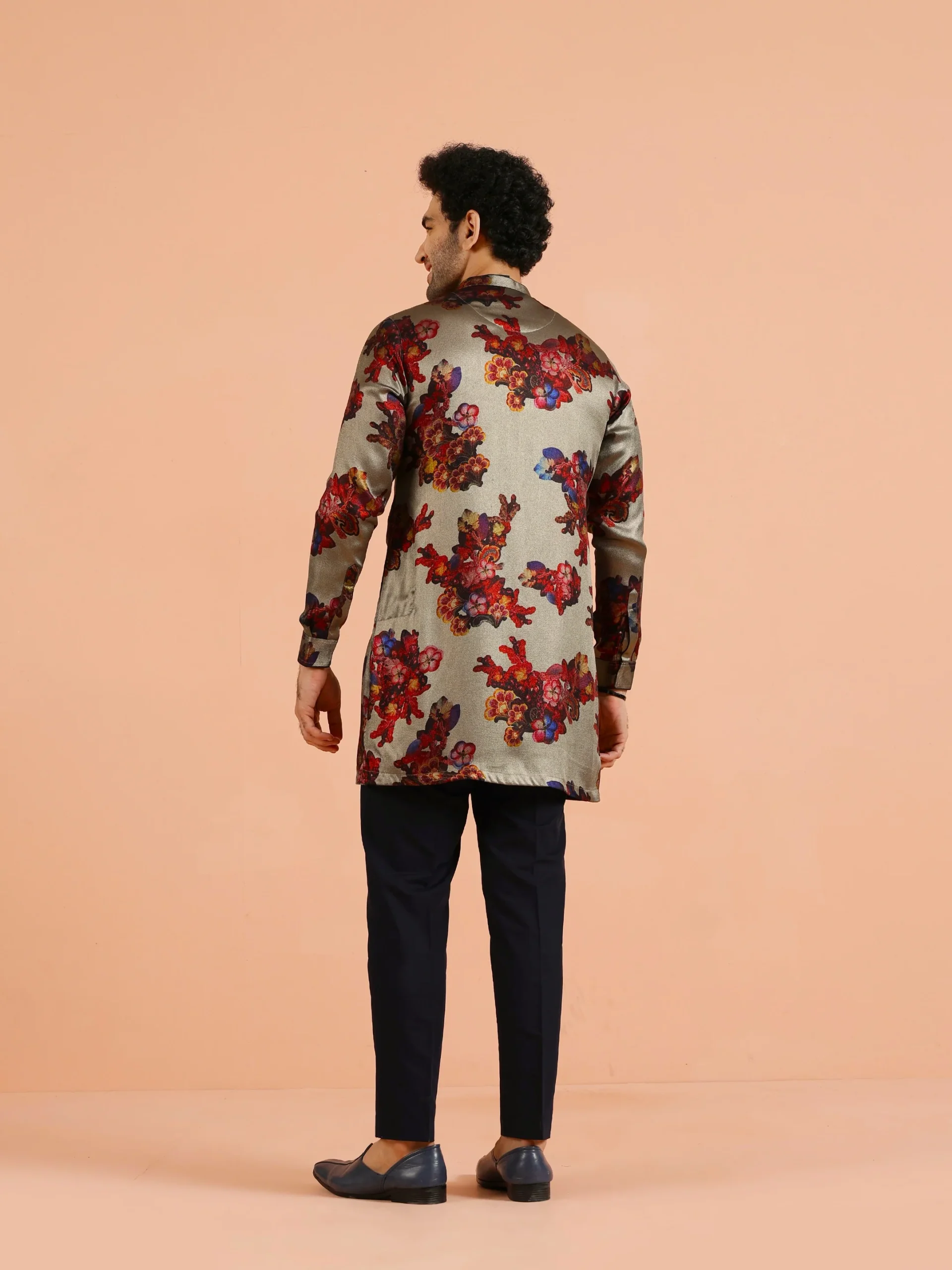 Men’s Grey Floral Silk Blend Kurta Set | Regular Fit Festive Ethnic Wear - Image 3