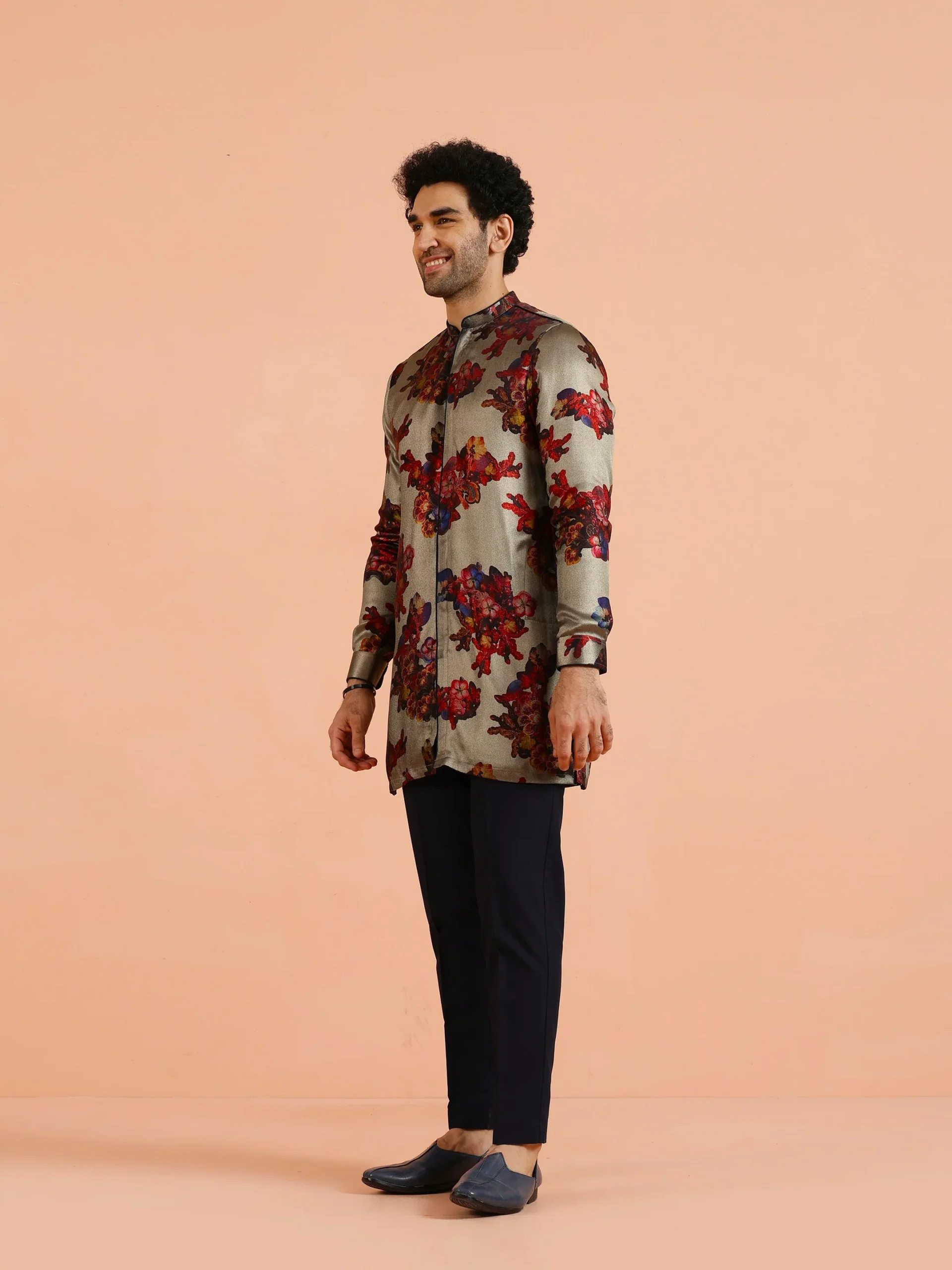 Men’s Grey Floral Silk Blend Kurta Set | Regular Fit Festive Ethnic Wear - Image 4