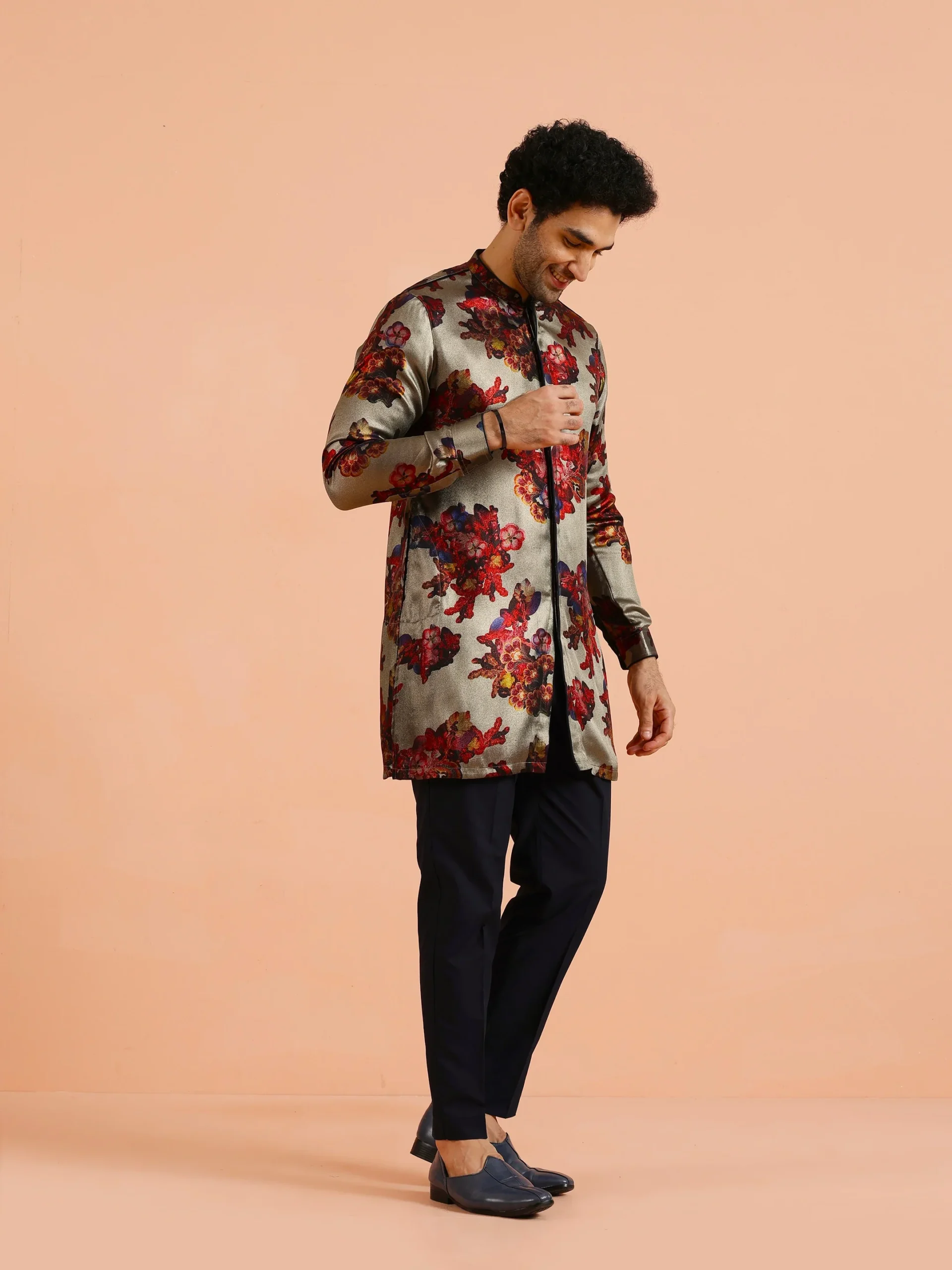 Men’s Grey Floral Silk Blend Kurta Set | Regular Fit Festive Ethnic Wear - Image 5