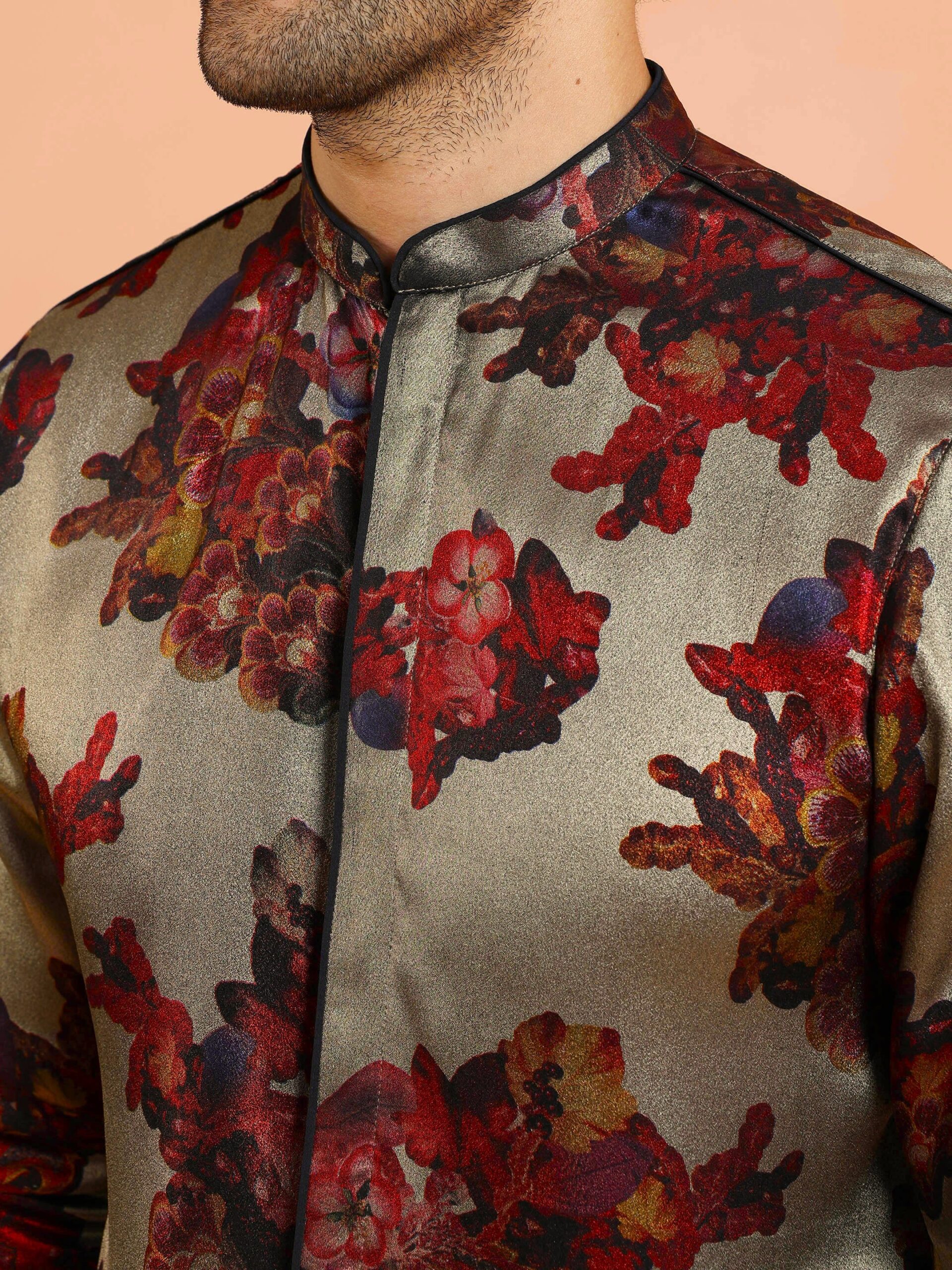 Men’s Grey Floral Silk Blend Kurta Set | Regular Fit Festive Ethnic Wear - Image 6