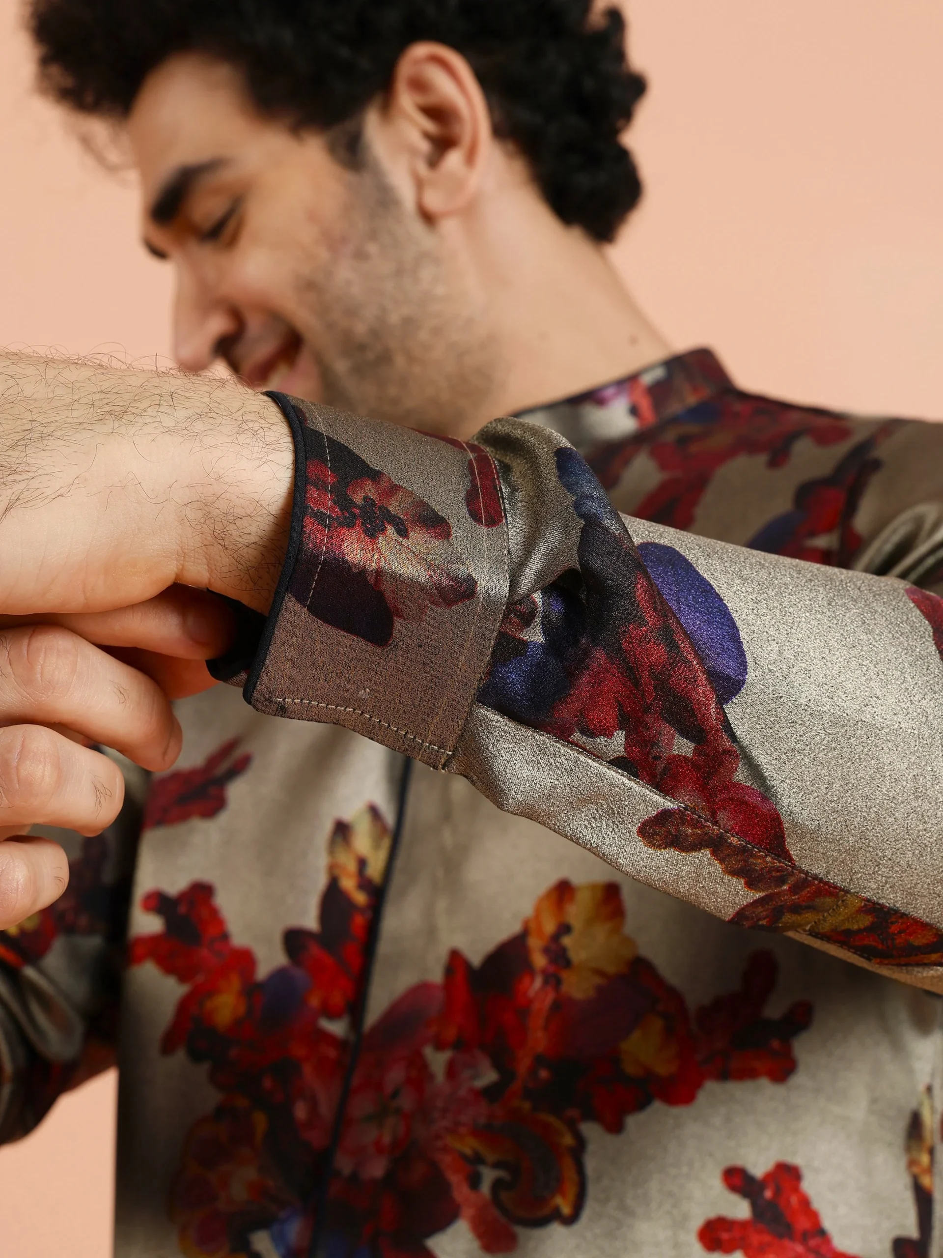 Men’s Grey Floral Silk Blend Kurta Set | Regular Fit Festive Ethnic Wear - Image 7