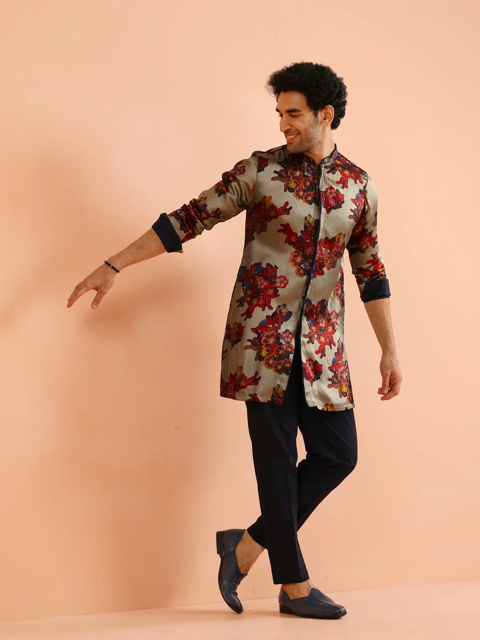 Men’s Grey Floral Silk Blend Kurta Set | Regular Fit Festive Ethnic Wear