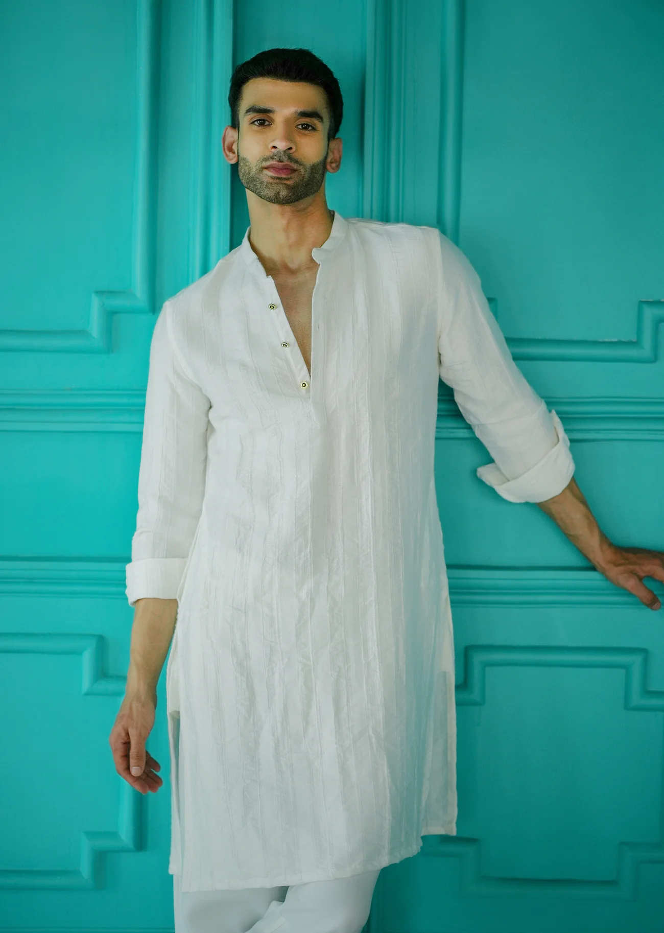Men’s Textured Stripe Kurta | Cotton Blend Regular Fit Mandarin Collar - Image 3