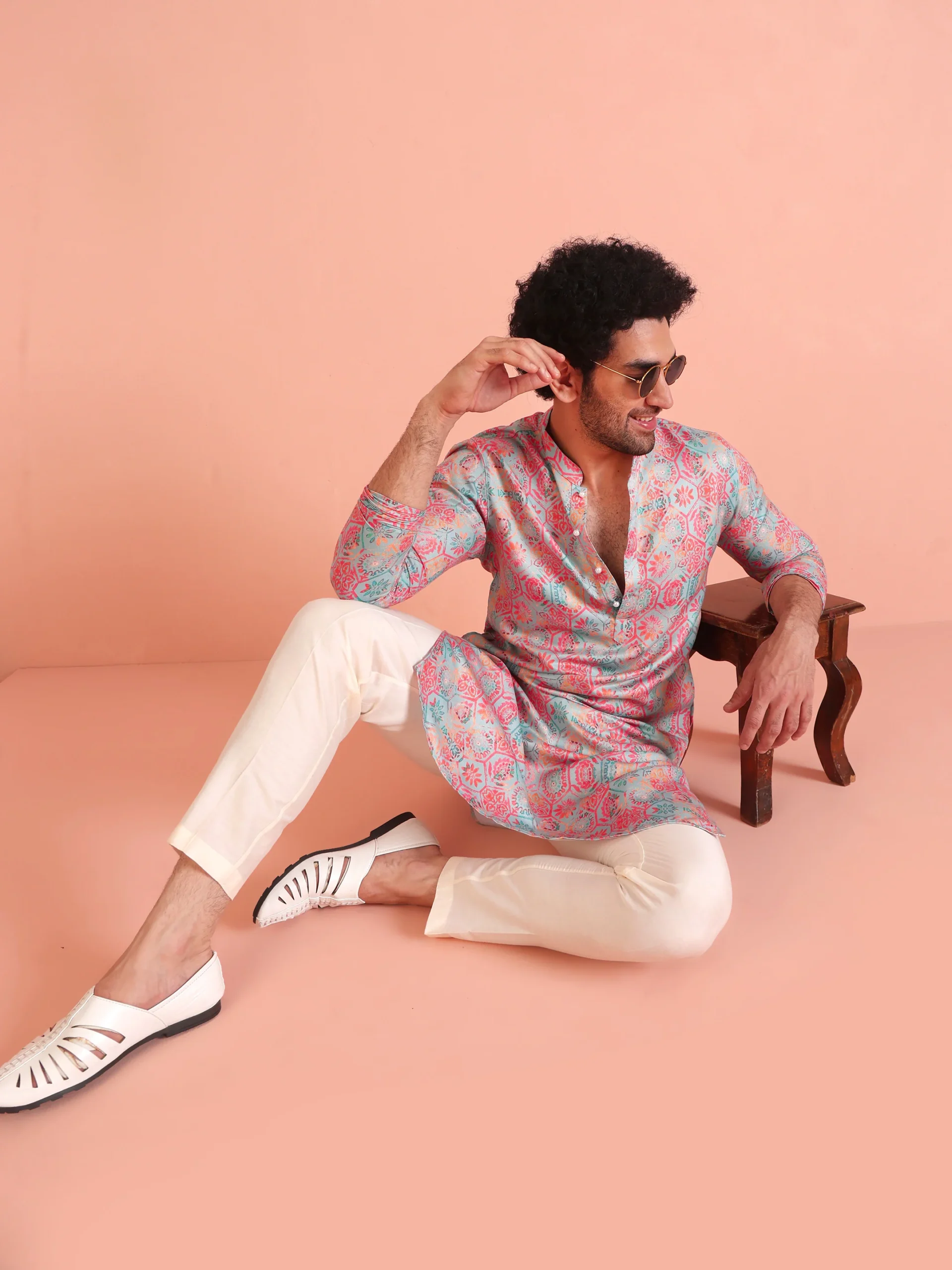 Men’s Multi Color Printed Kurta Set with White Trousers | Cotton Blend Regular Fit