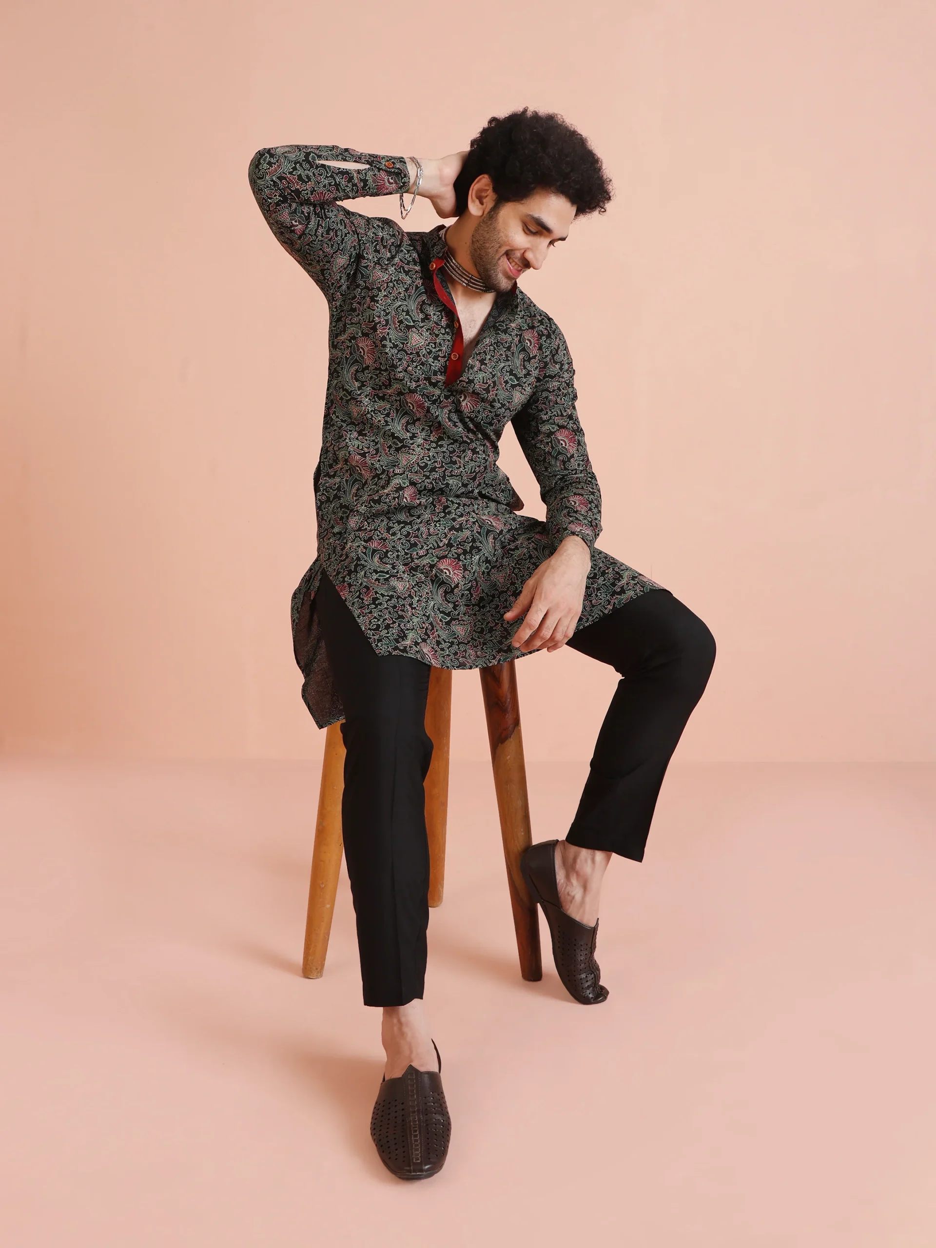 Men’s Black Printed Kurta Trouser Set | Cotton Blend Regular Fit Ethnic Wear - Image 6