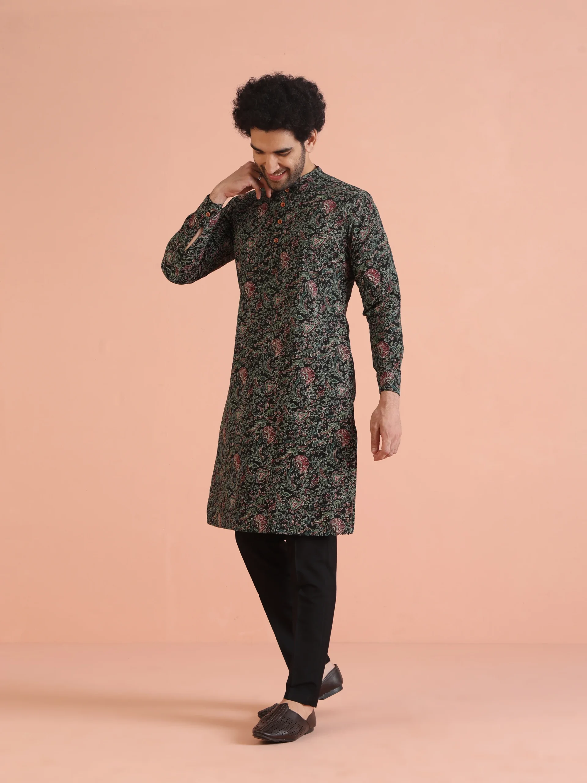 Men’s Black Printed Kurta Trouser Set | Cotton Blend Regular Fit Ethnic Wear