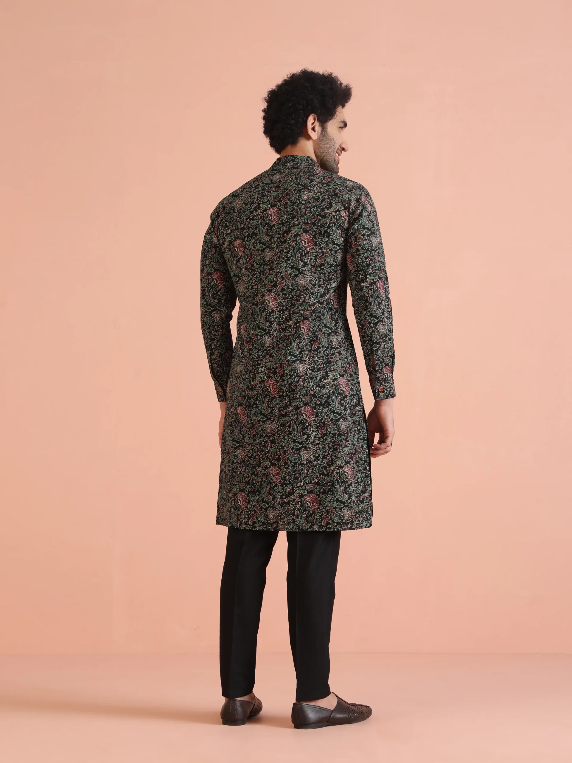 Men’s Black Printed Kurta Trouser Set | Cotton Blend Regular Fit Ethnic Wear - Image 4
