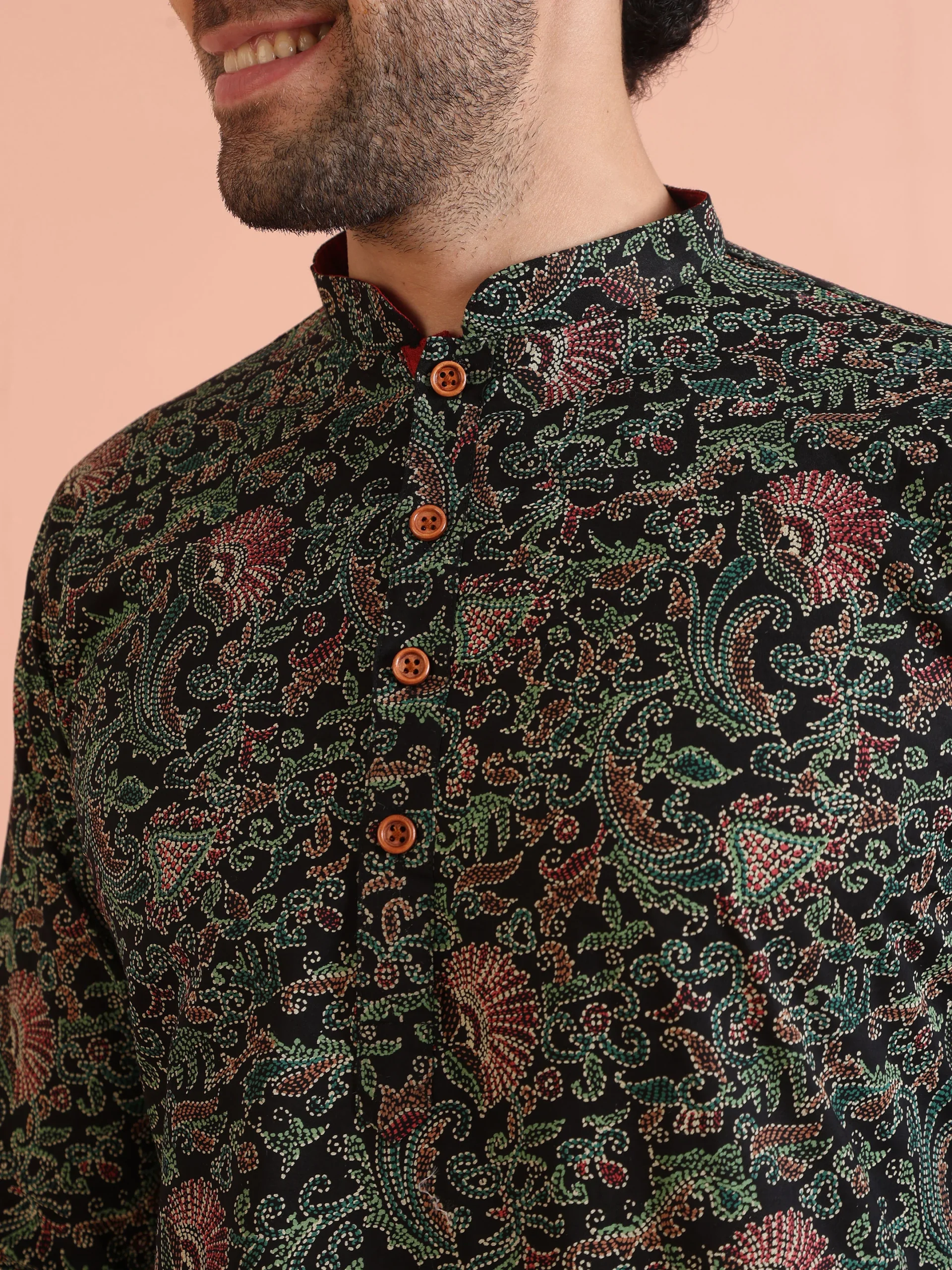 Men’s Black Printed Kurta Trouser Set | Cotton Blend Regular Fit Ethnic Wear - Image 3