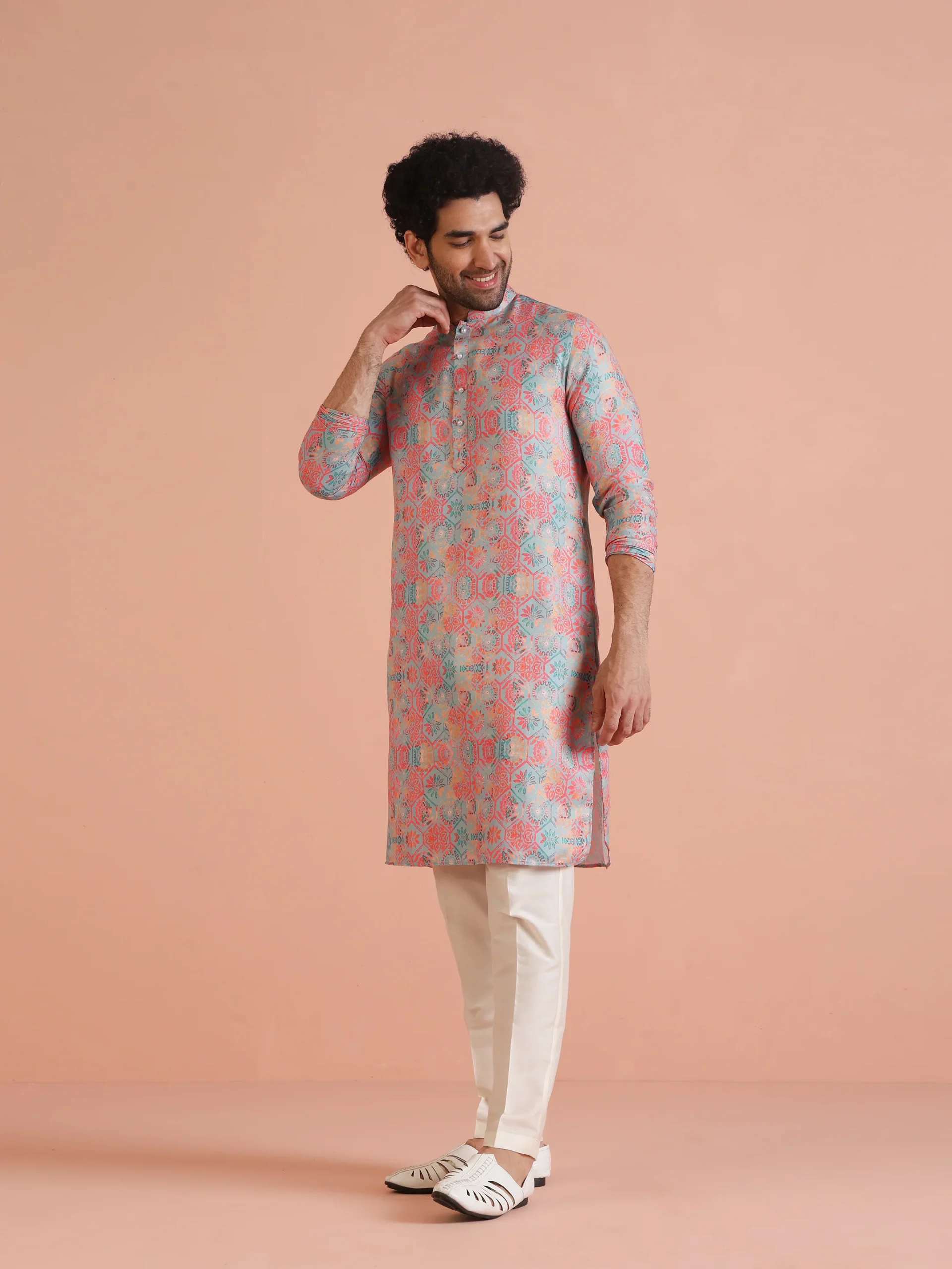 Men’s Multi Color Printed Kurta Set with White Trousers | Cotton Blend Regular Fit - Image 3