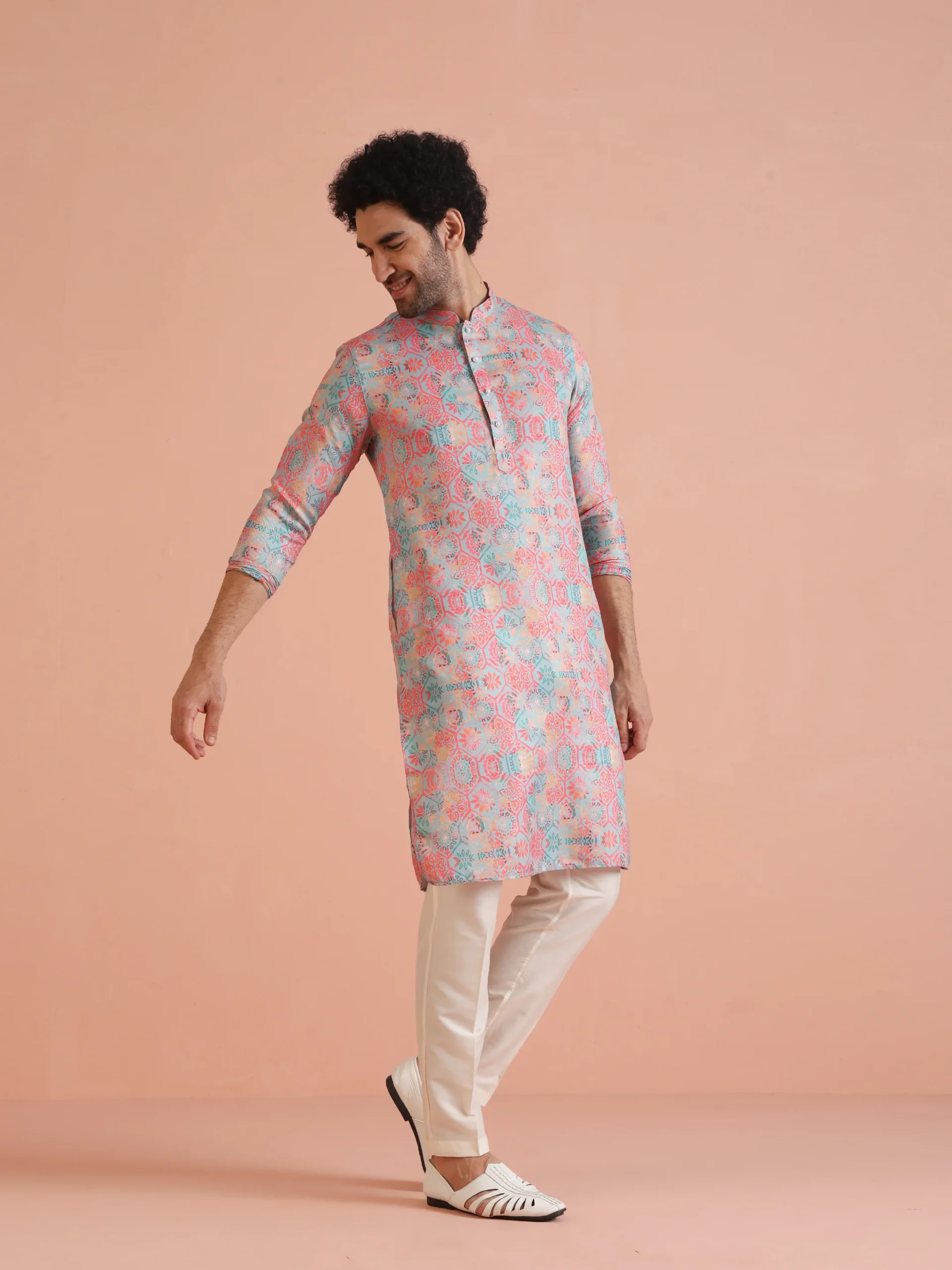 Men’s Multi Color Printed Kurta Set with White Trousers | Cotton Blend Regular Fit - Image 4