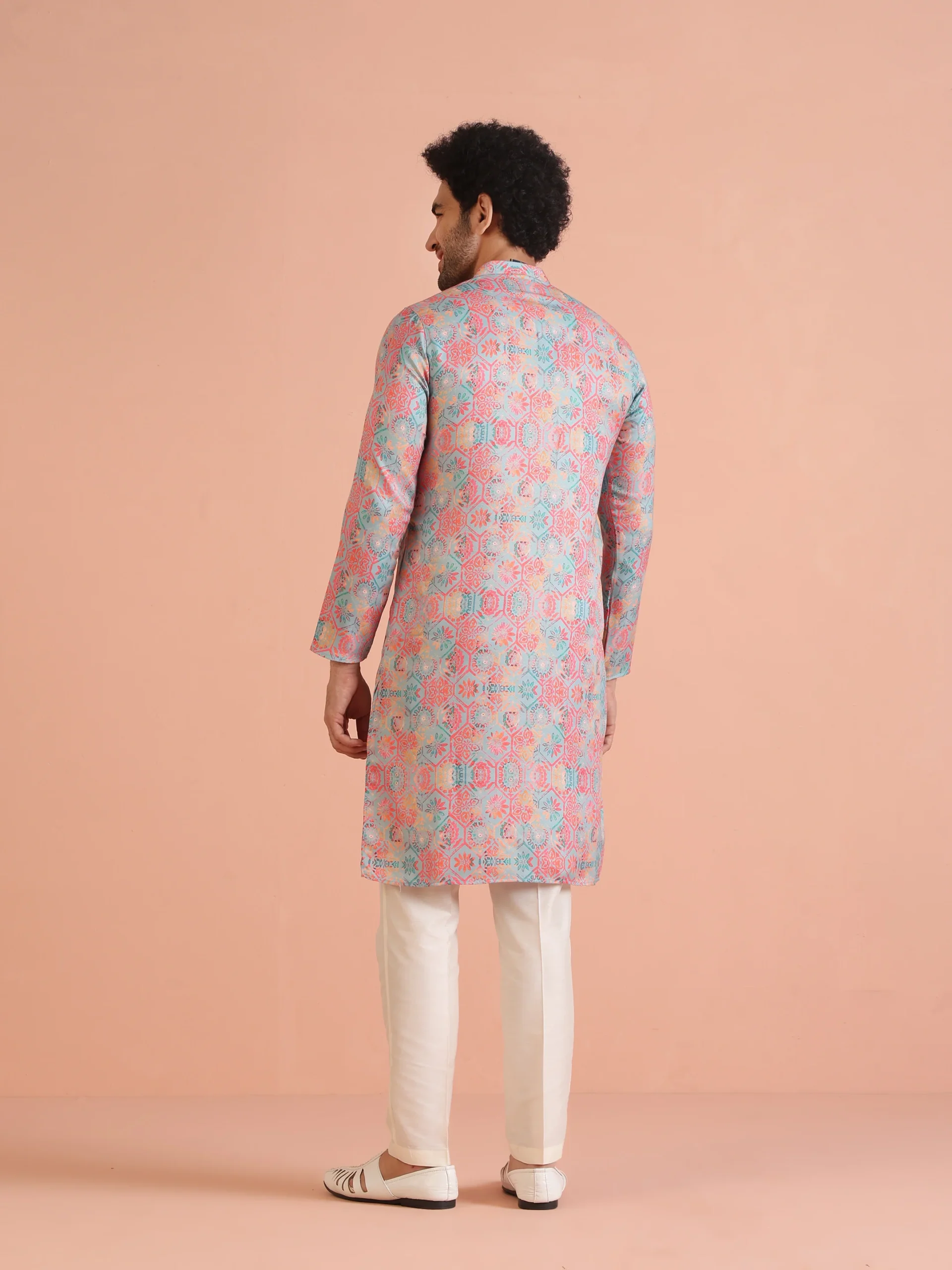 Men’s Multi Color Printed Kurta Set with White Trousers | Cotton Blend Regular Fit - Image 5
