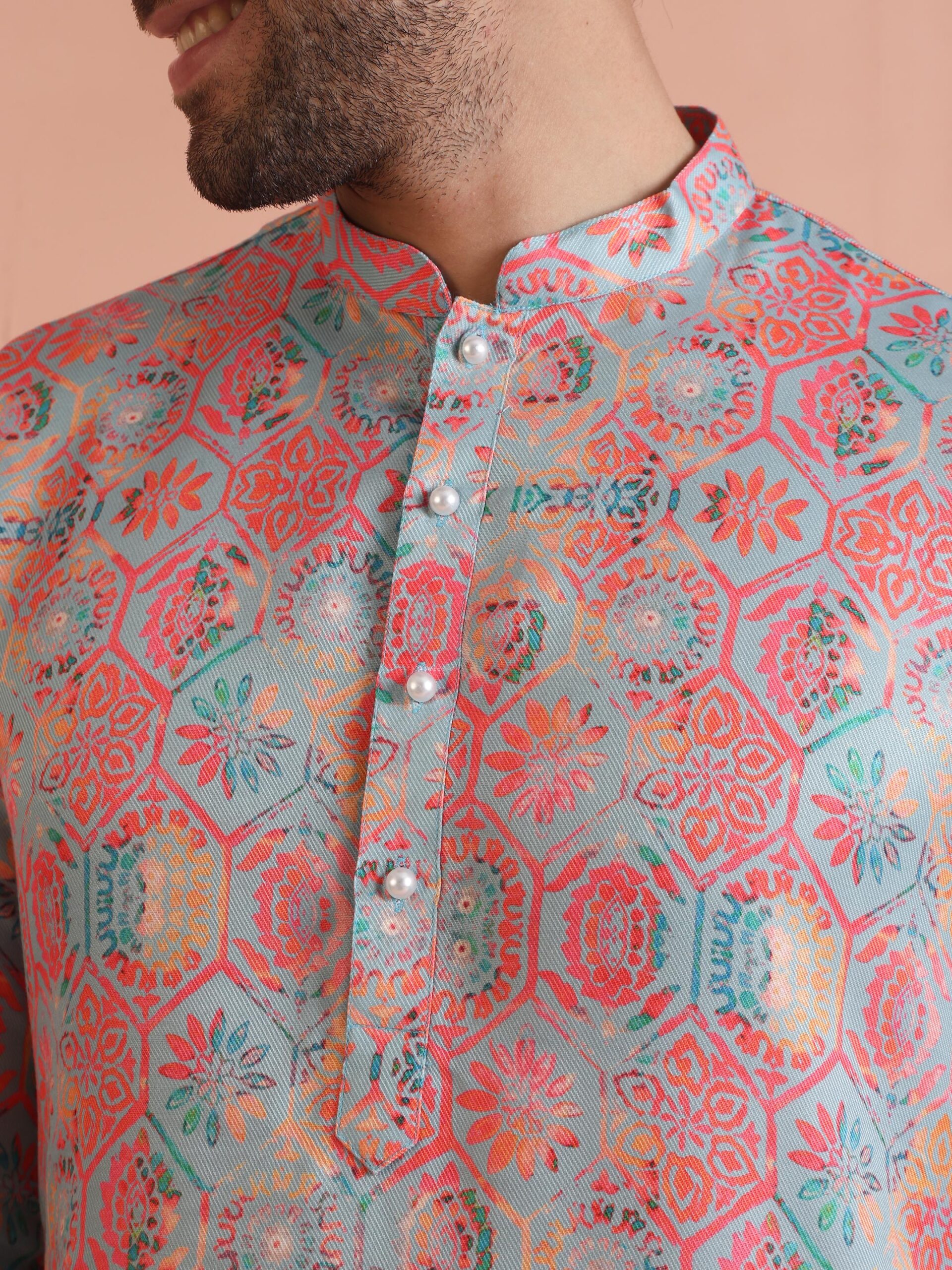 Men’s Multi Color Printed Kurta Set with White Trousers | Cotton Blend Regular Fit - Image 6