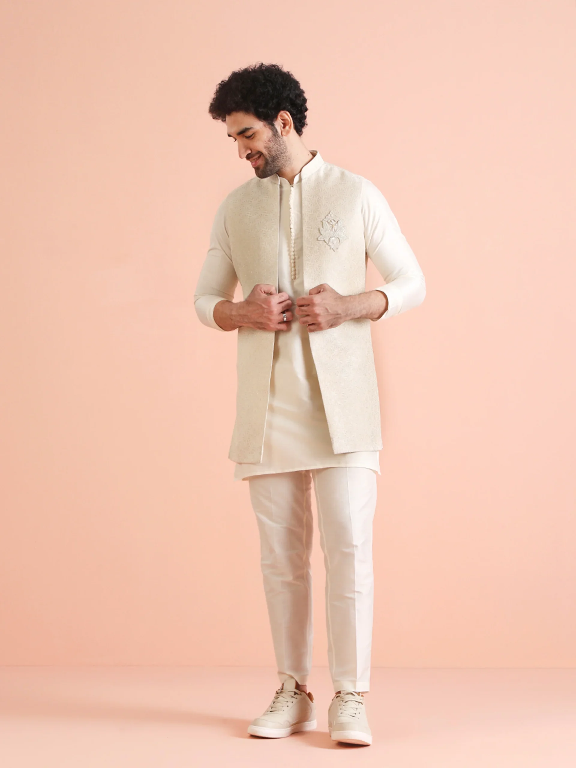 Men’s Cream Silk Blend Embroidered Kurta Jacket Set with Churidar | Regular Fit Ethnic Wear