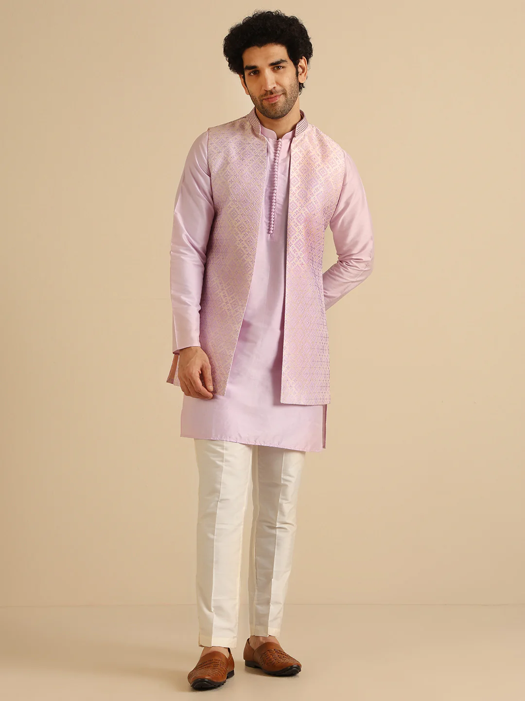 Men’s Lilac Silk Blend Jacquard Kurta Jacket Trouser Set | Regular Fit Ethnic Wear