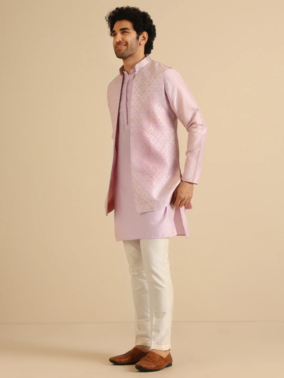 Men’s Lilac Silk Blend Jacquard Kurta Jacket Trouser Set | Regular Fit Ethnic Wear - Image 3