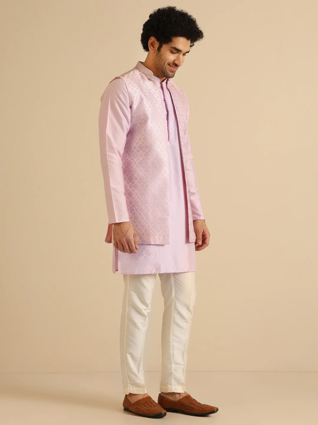 Men’s Lilac Silk Blend Jacquard Kurta Jacket Trouser Set | Regular Fit Ethnic Wear - Image 6