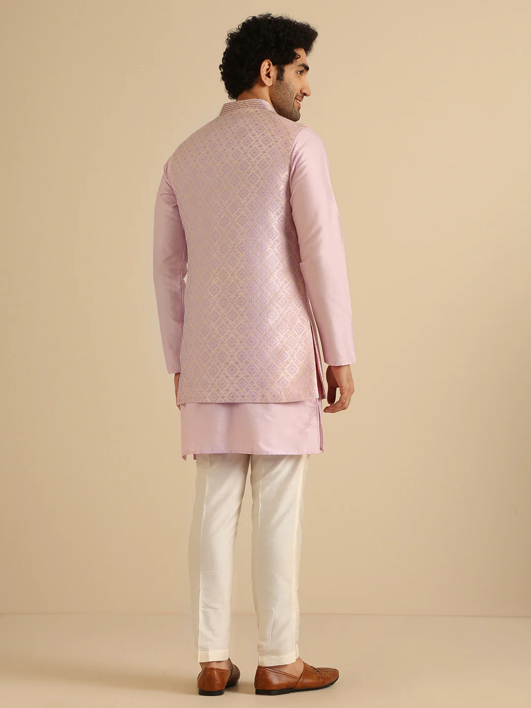 Men’s Lilac Silk Blend Jacquard Kurta Jacket Trouser Set | Regular Fit Ethnic Wear - Image 4