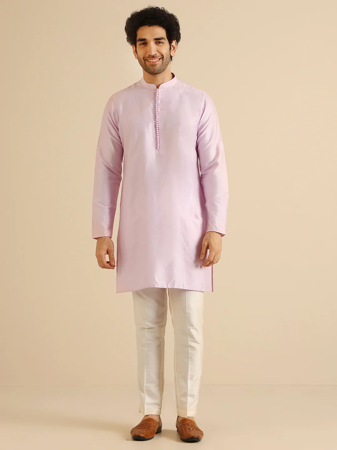 Men’s Lilac Silk Blend Jacquard Kurta Jacket Trouser Set | Regular Fit Ethnic Wear - Image 5