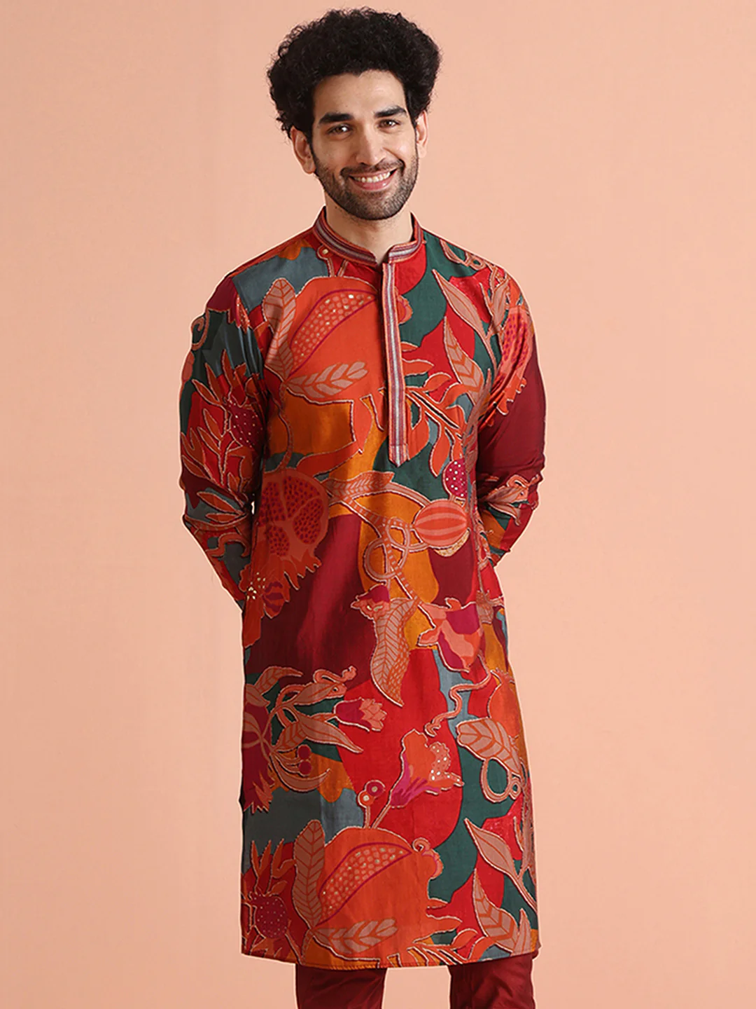Men’s Multi Color Printed Long Kurta | Cotton Blend Regular Fit Ethnic Wear - Image 2