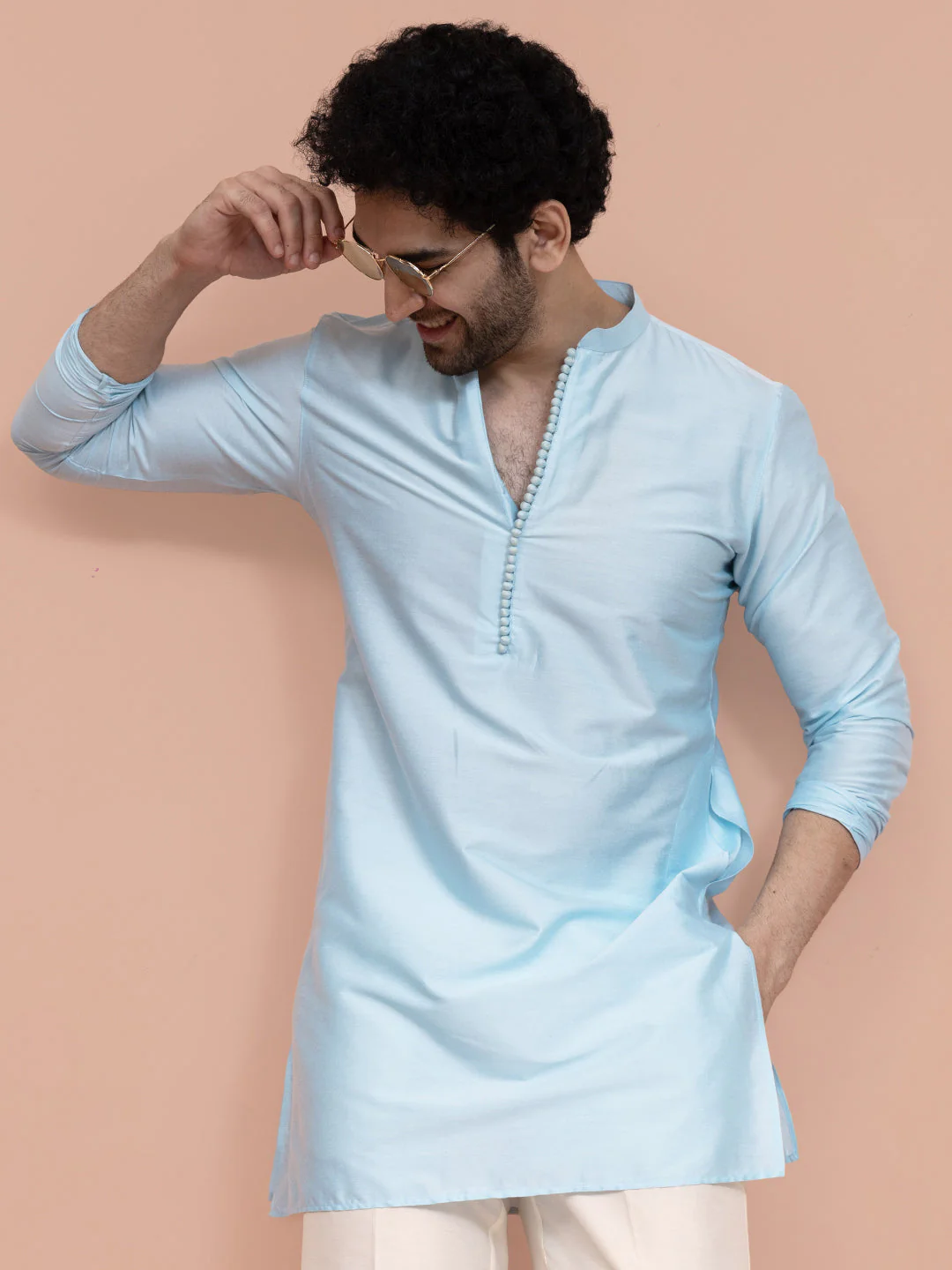 Men’s Blue Solid Cotton Blend Kurta | Regular Fit Ethnic Wear - Image 2