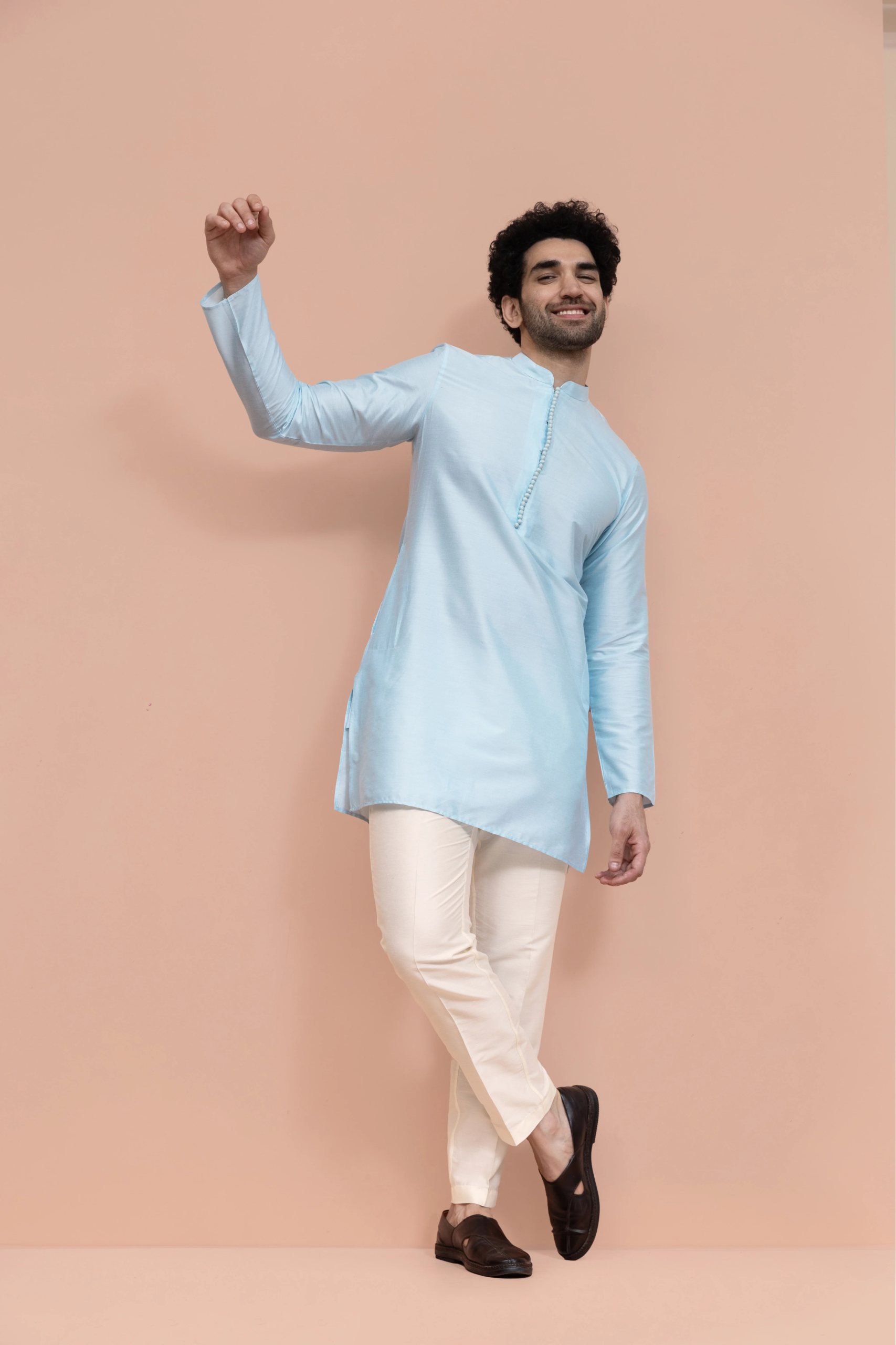 Men’s Blue Solid Cotton Blend Kurta | Regular Fit Ethnic Wear - Image 4