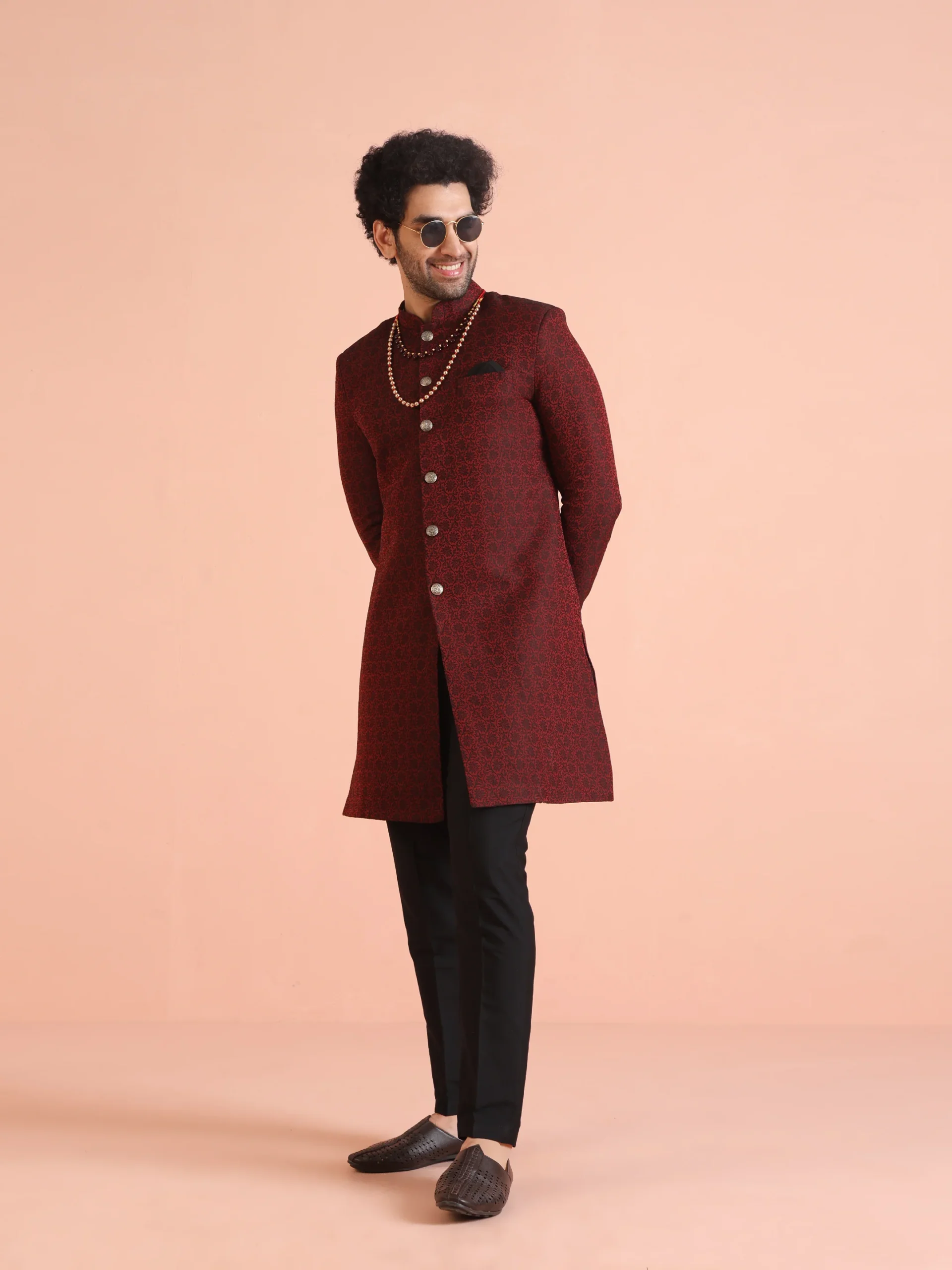 Men’s Maroon Jacquard Sherwani with Black Trouser | Silk Blend Indo-Western Set - Image 2