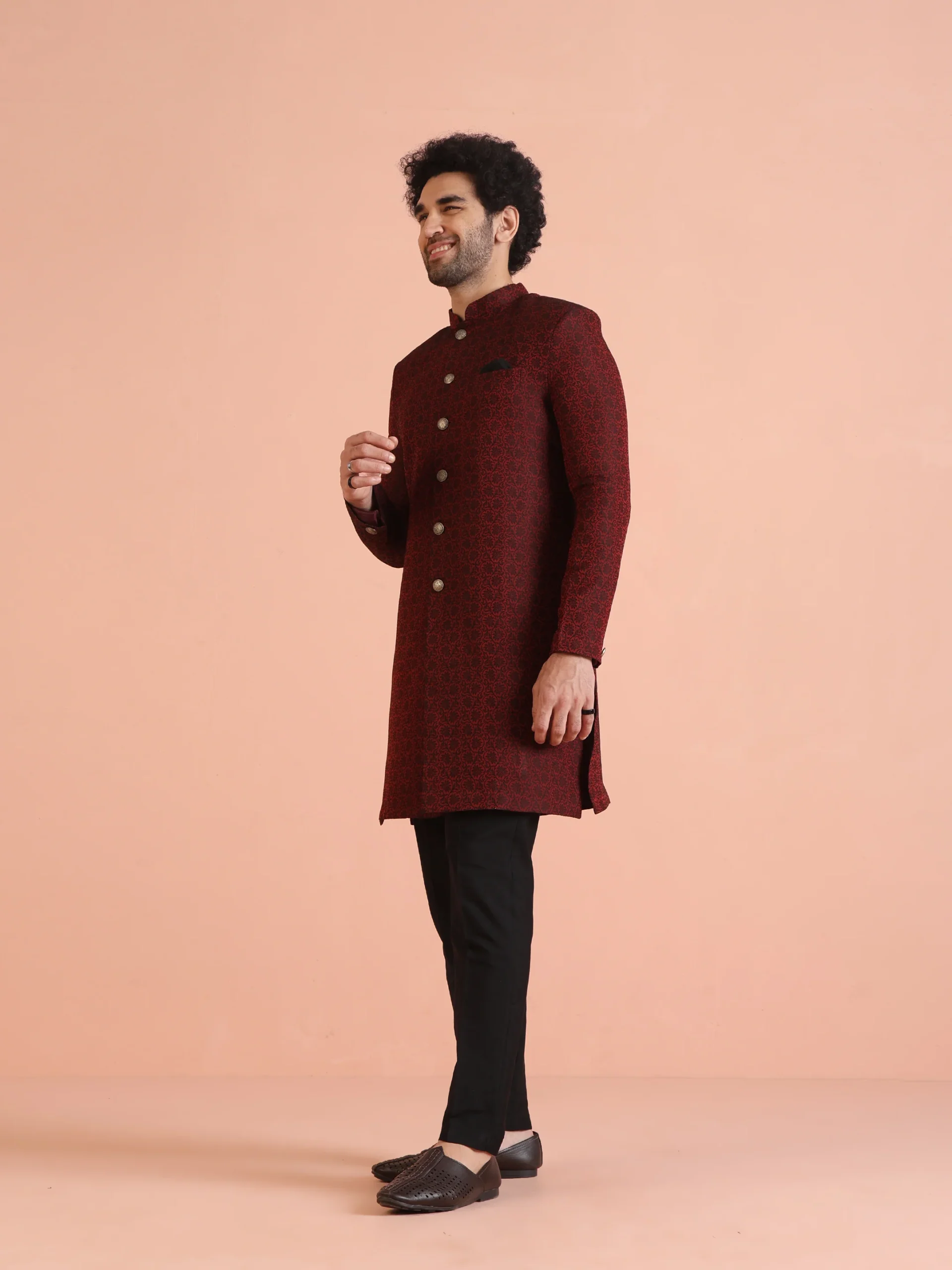 Men’s Maroon Jacquard Sherwani with Black Trouser | Silk Blend Indo-Western Set - Image 4