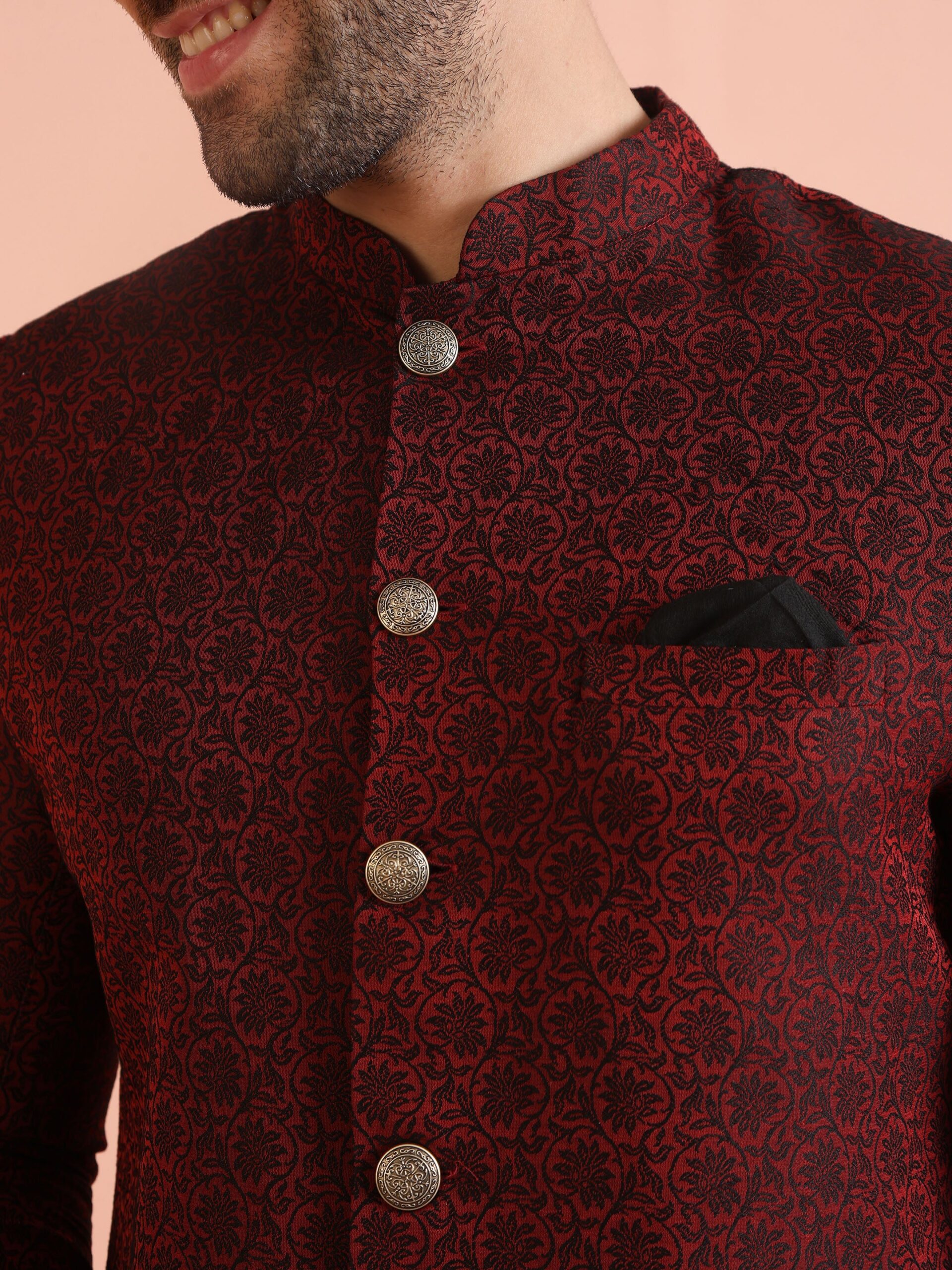 Men’s Maroon Jacquard Sherwani with Black Trouser | Silk Blend Indo-Western Set - Image 6