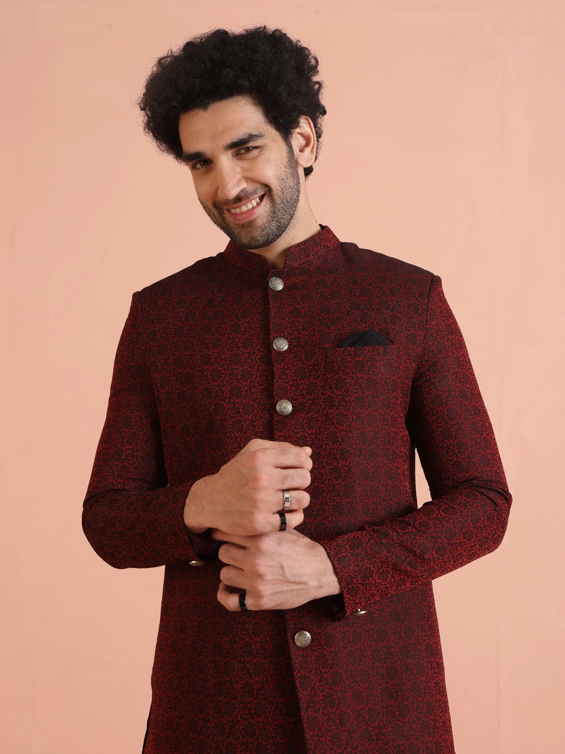 Men’s Maroon Jacquard Sherwani with Black Trouser | Silk Blend Indo-Western Set - Image 8