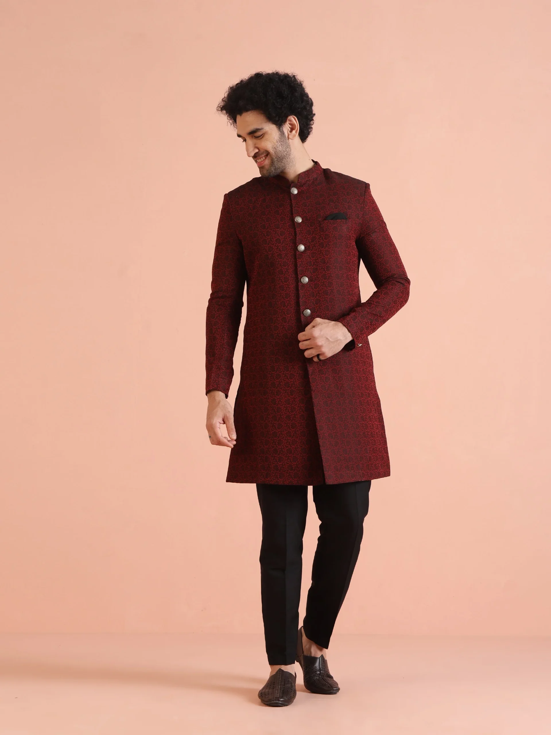 Men’s Maroon Jacquard Sherwani with Black Trouser | Silk Blend Indo-Western Set - Image 3