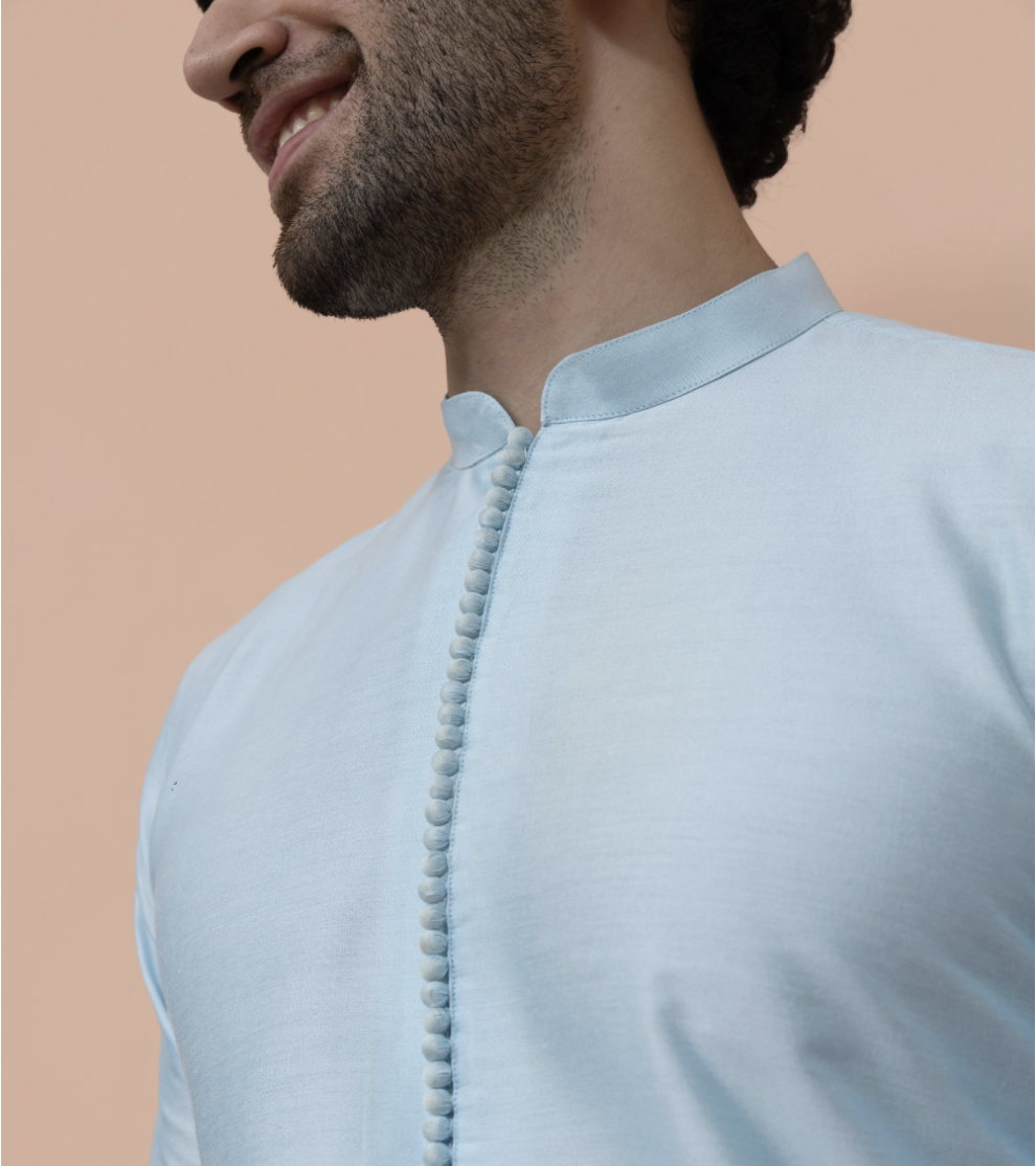 Men’s Blue Solid Cotton Blend Kurta | Regular Fit Ethnic Wear - Image 3