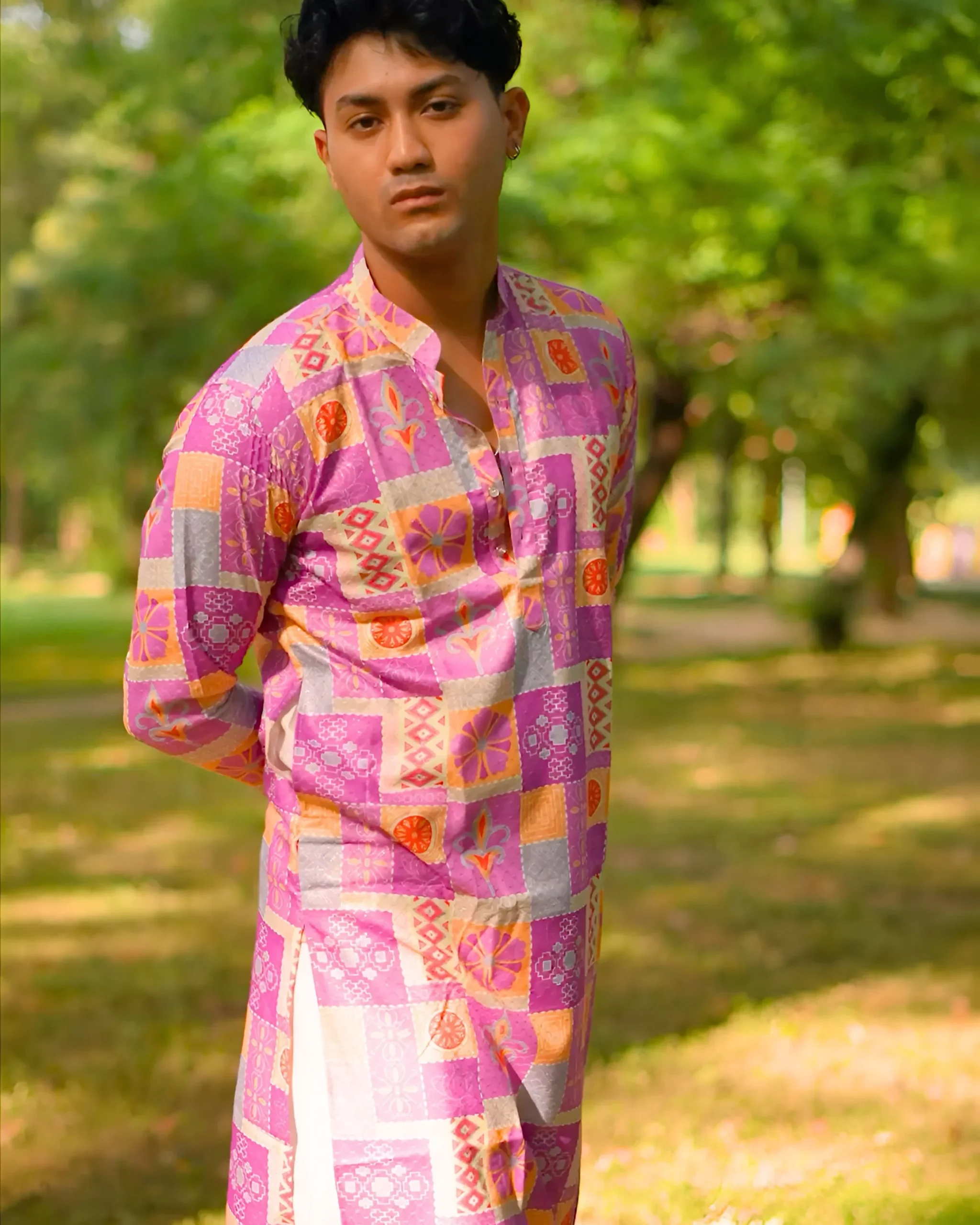 Patchwork Block Print Long Kurta with Zari Work | Purple Heritage Print Ethnic Wear - Image 4