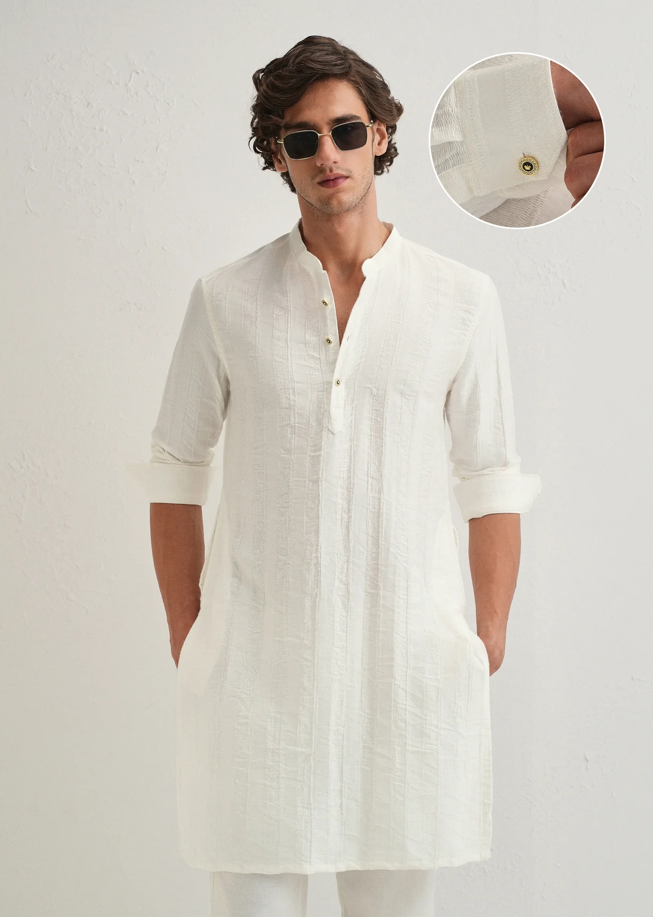 Men’s Textured Stripe Kurta | Cotton Blend Regular Fit Mandarin Collar - Image 4