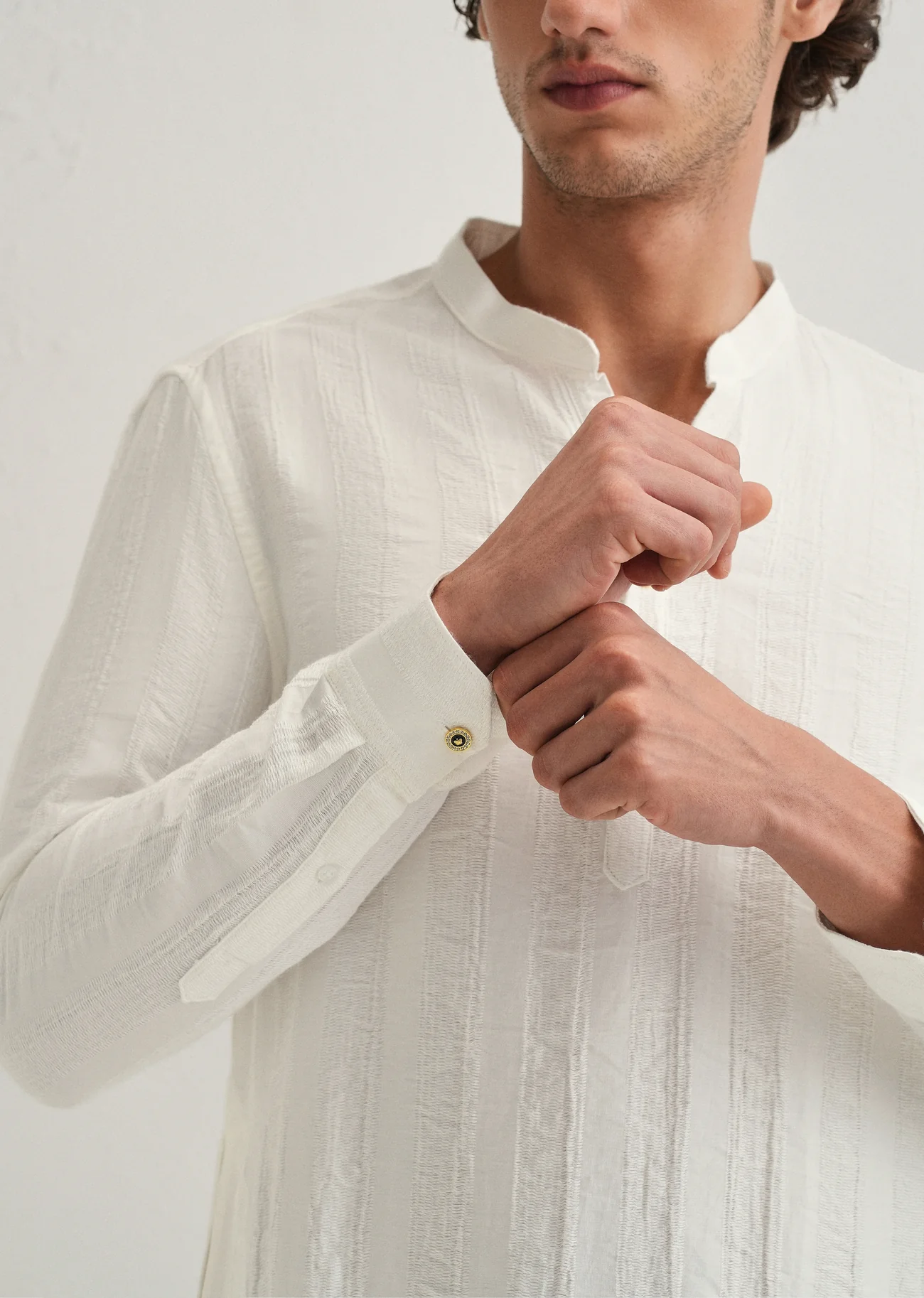 Men’s Textured Stripe Kurta | Cotton Blend Regular Fit Mandarin Collar - Image 5