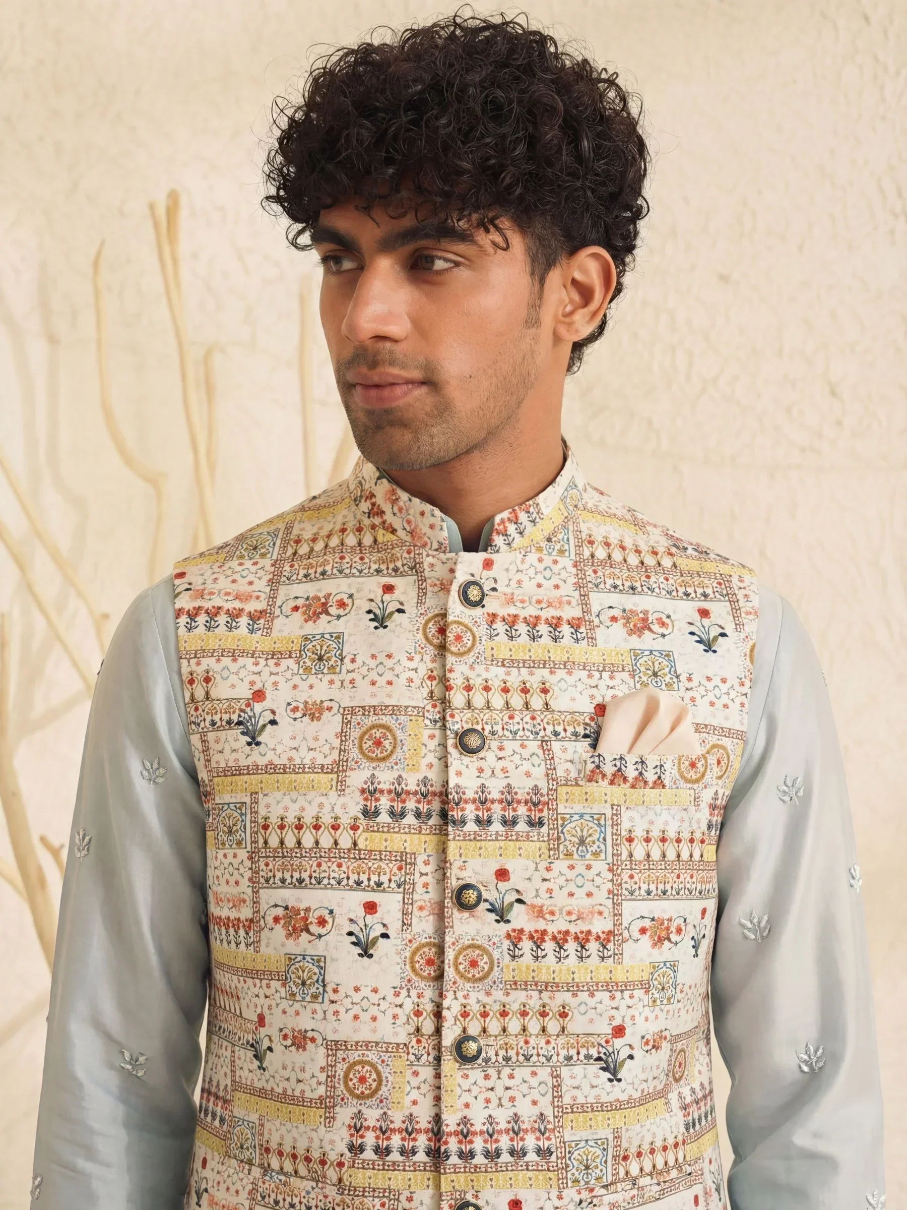 Amber Aura Men’s Printed Nehru Jacket | White Cotton Satin Ethnic Modi Jacket - Image 3