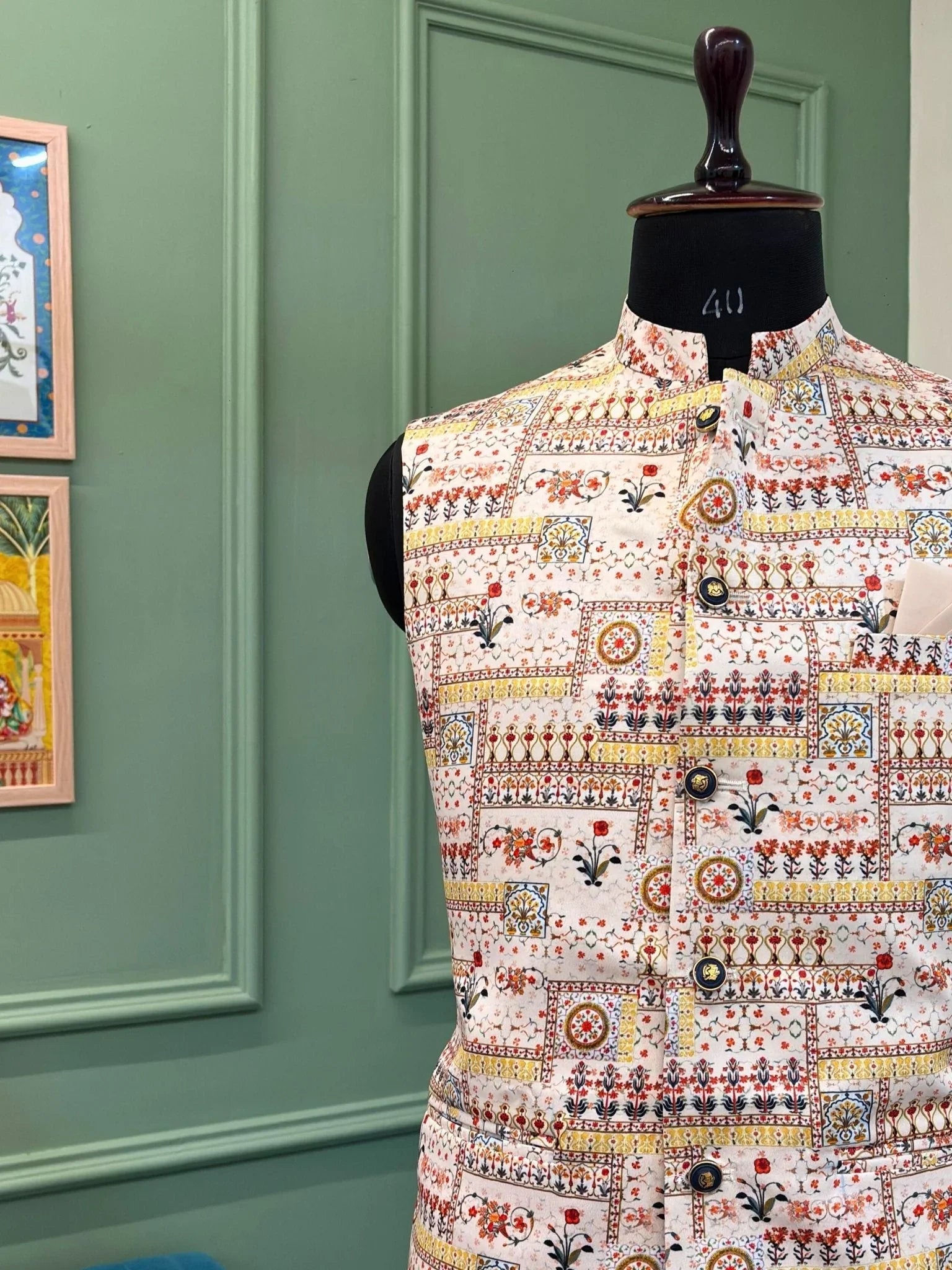 Amber Aura Men’s Printed Nehru Jacket | White Cotton Satin Ethnic Modi Jacket - Image 2