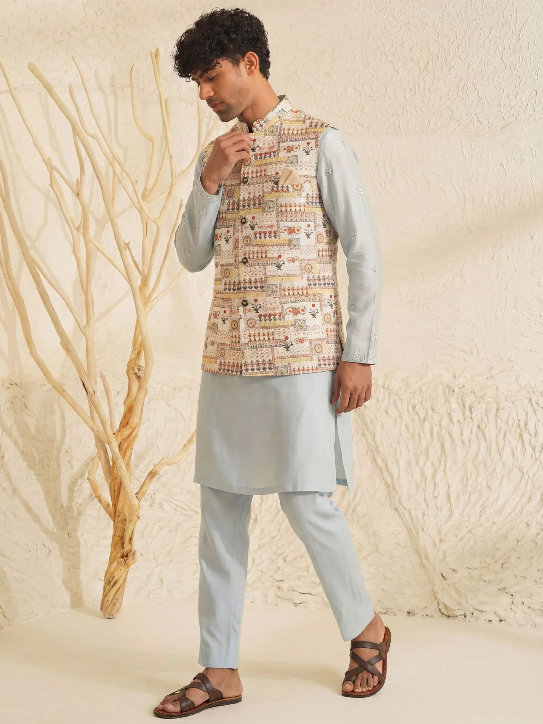 Amber Aura Men’s Printed Nehru Jacket | White Cotton Satin Ethnic Modi Jacket - Image 4