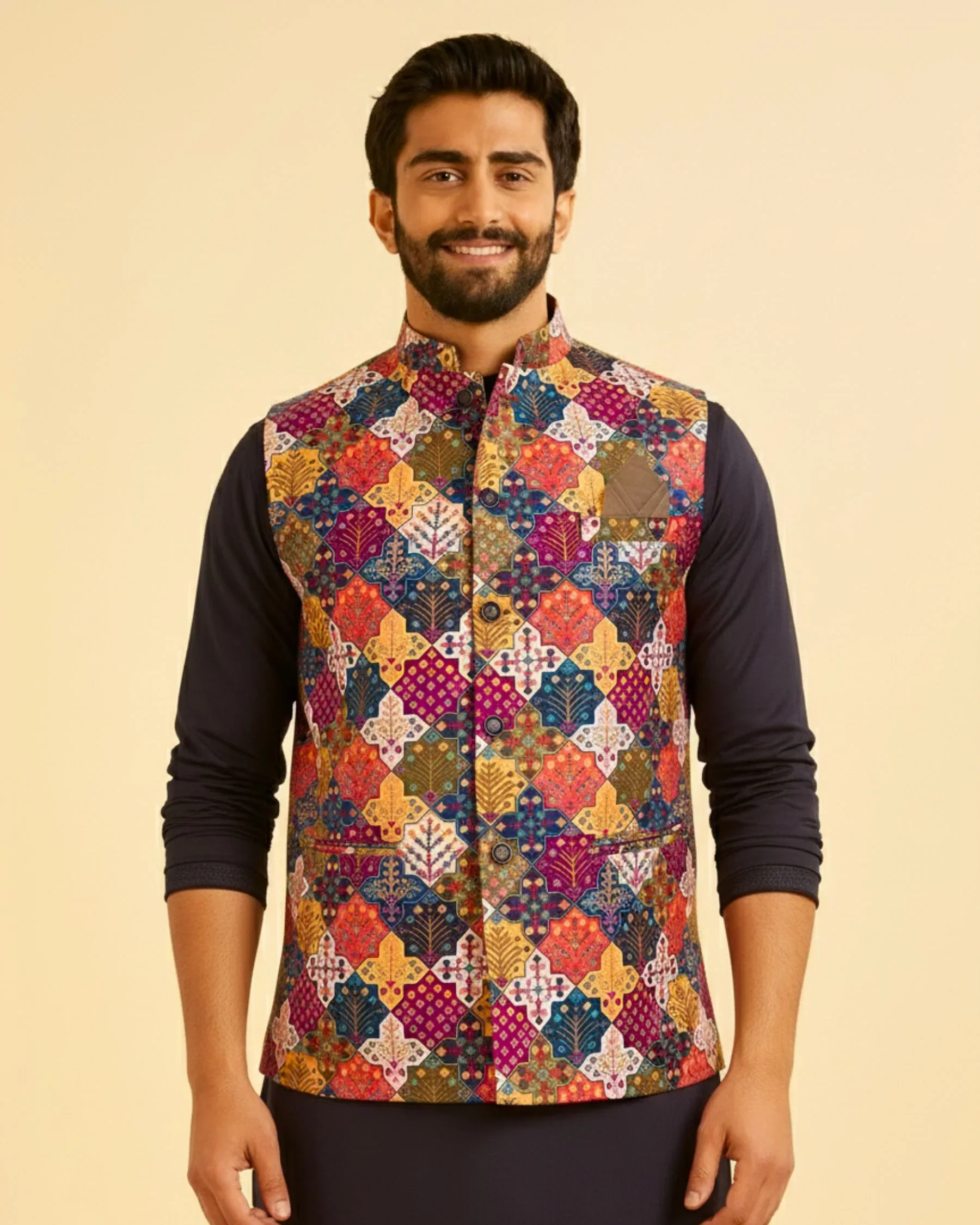 Modern Elegance Men’s Printed Nehru Jacket | Cotton Satin Ethnic Modi Jacket - Image 2
