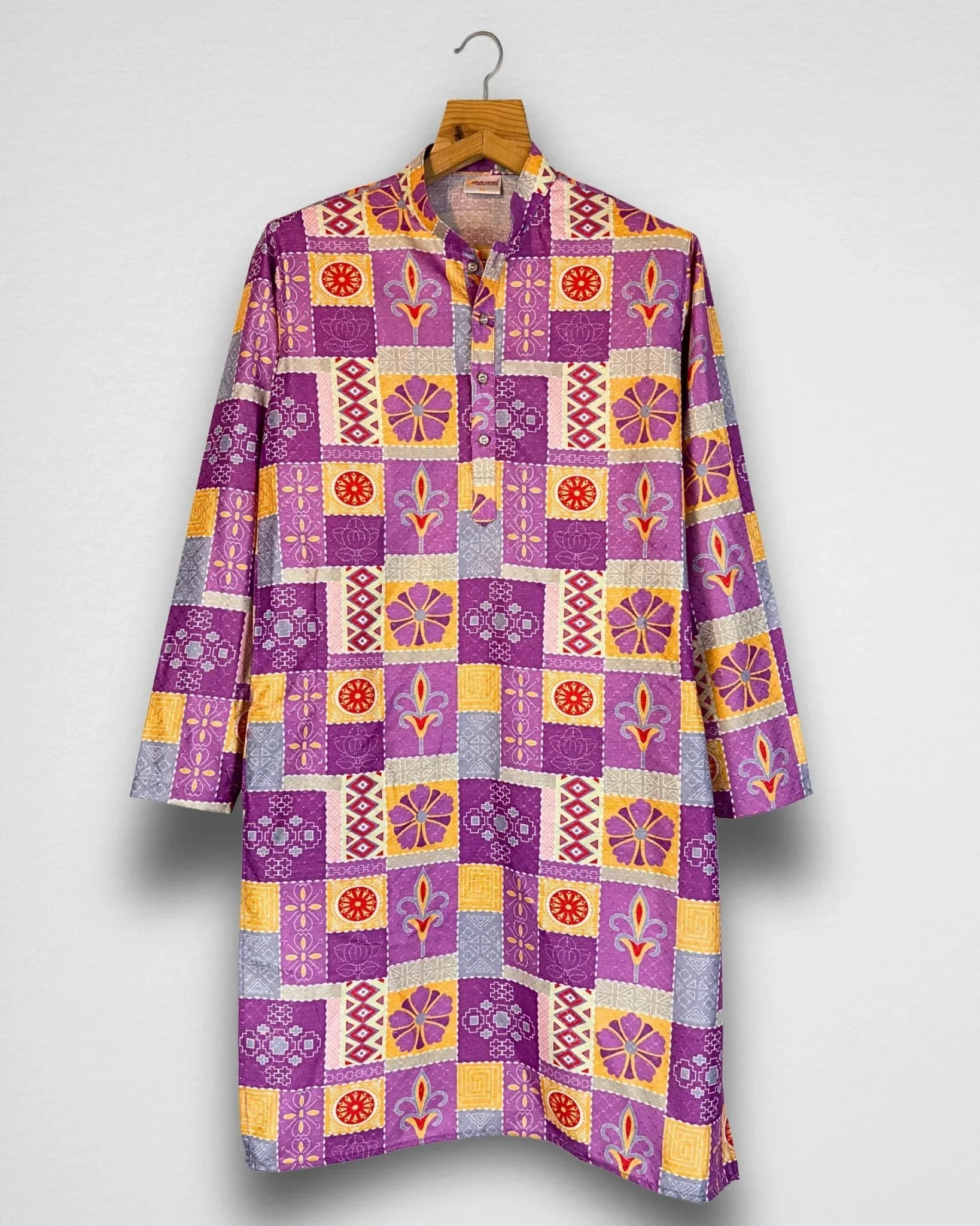 Patchwork Block Print Long Kurta with Zari Work | Purple Heritage Print Ethnic Wear - Image 2