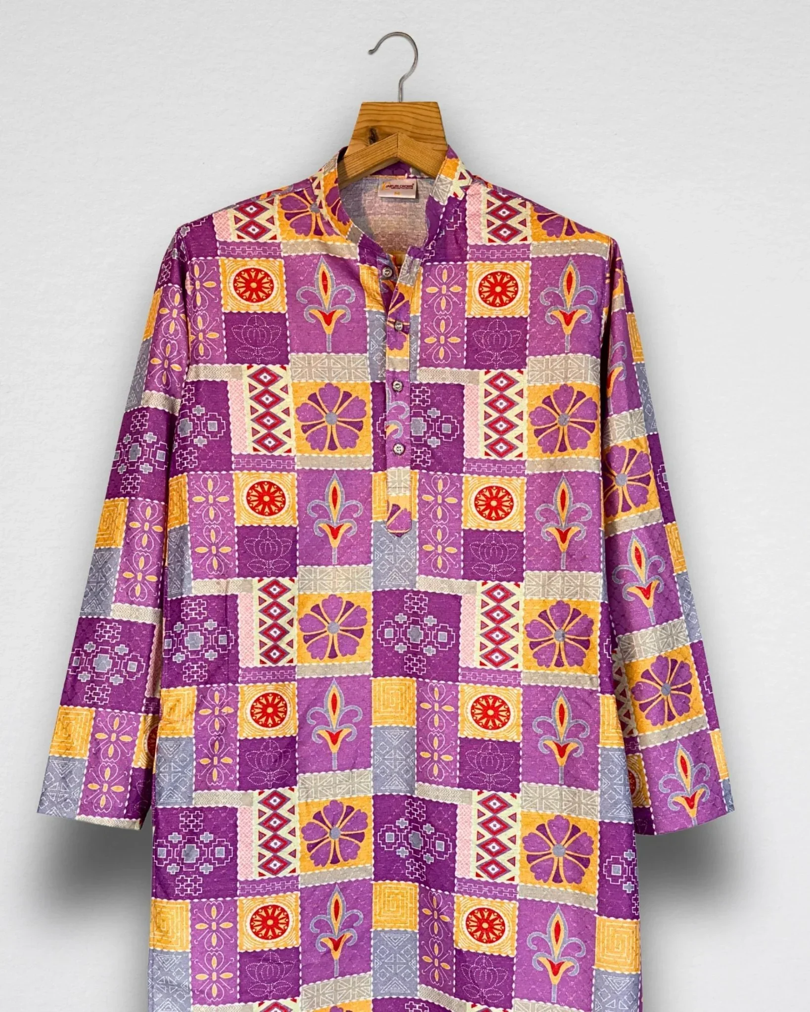 Patchwork Block Print Long Kurta with Zari Work | Purple Heritage Print Ethnic Wear - Image 3