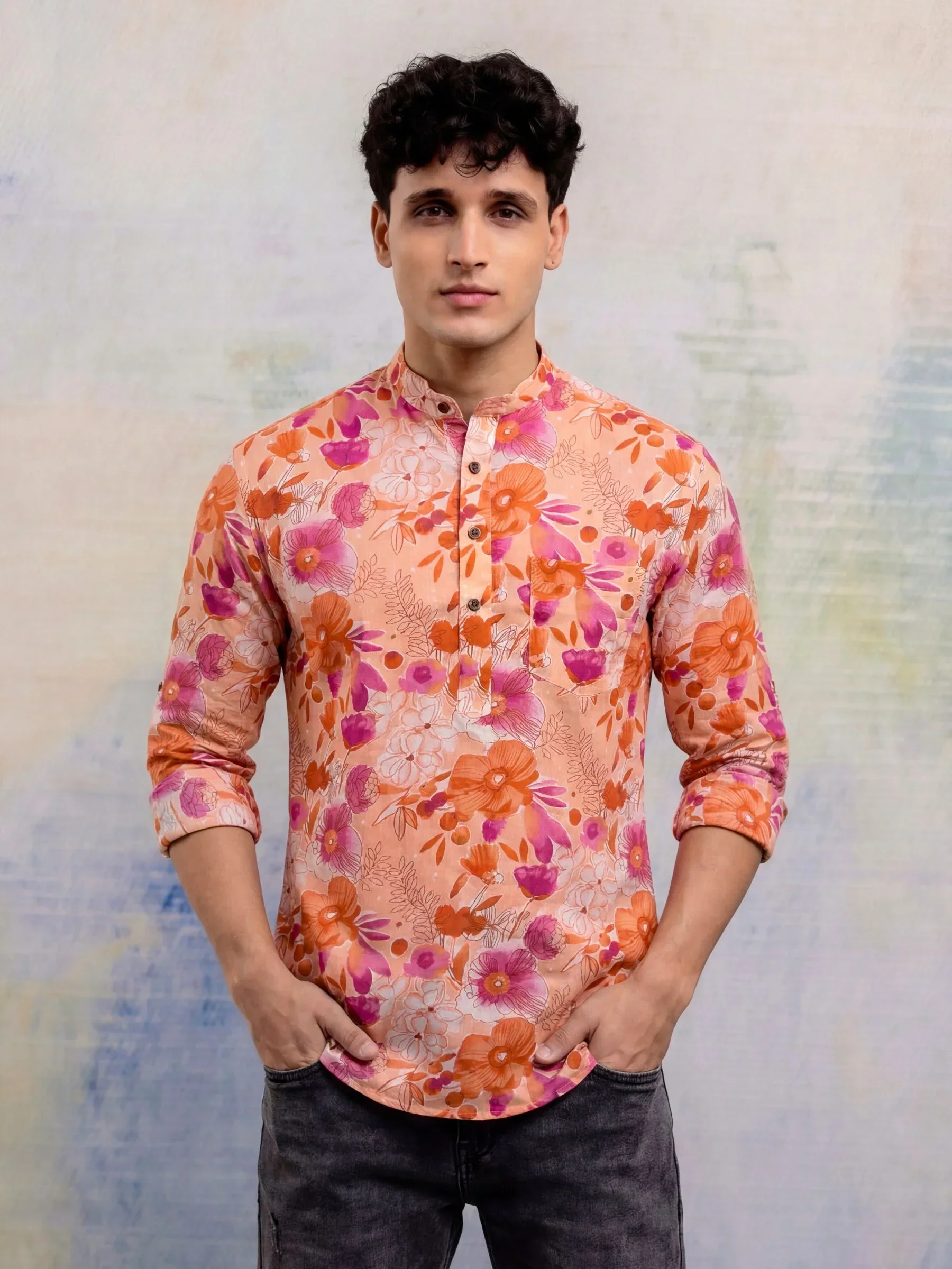 Floral Burst Men’s Peach & Purple Printed Short Kurta | 100% Sanganeri Cotton Ethnic Wear - Image 3