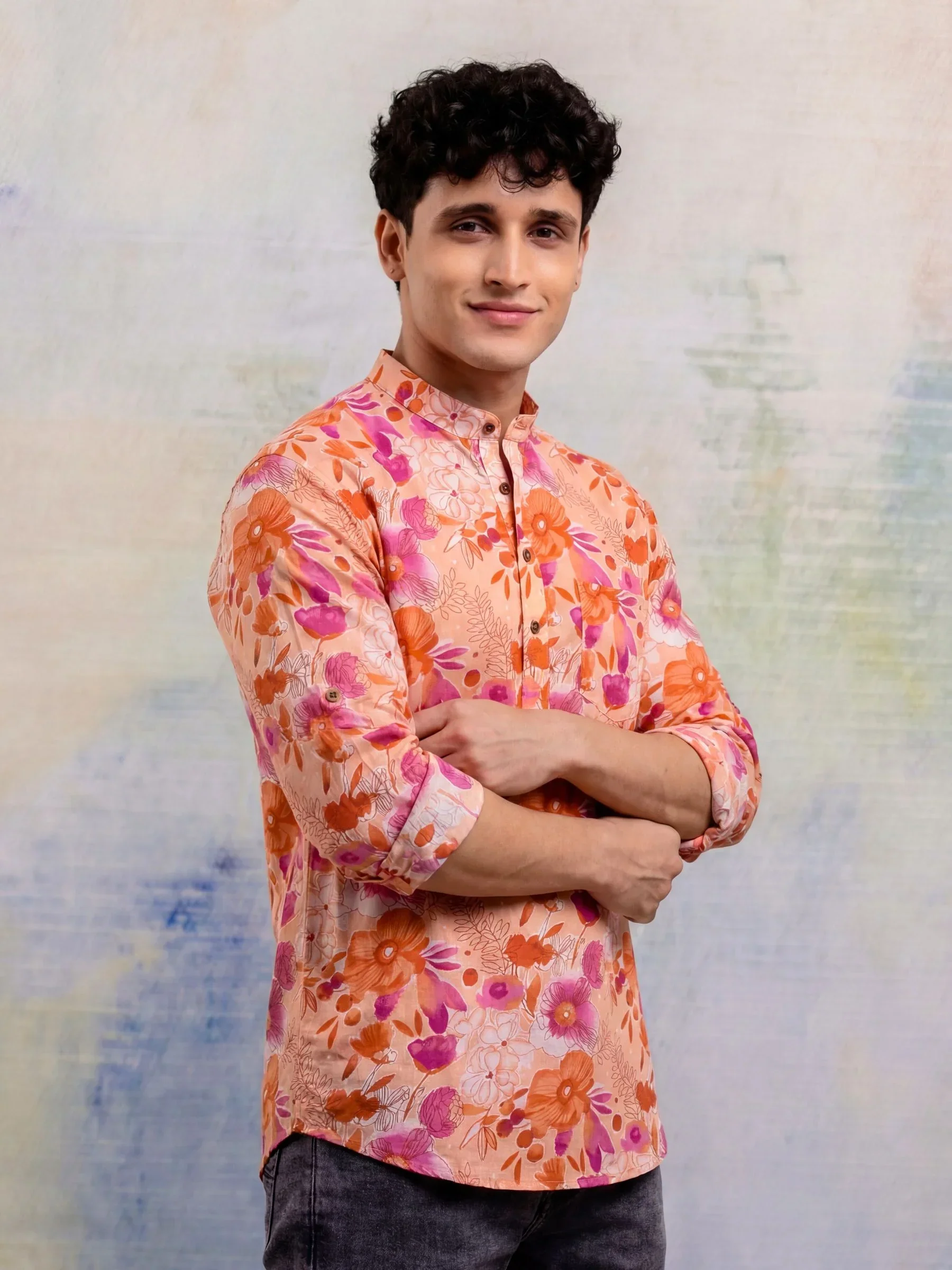 Floral Burst Men’s Peach & Purple Printed Short Kurta | 100% Sanganeri Cotton Ethnic Wear - Image 2