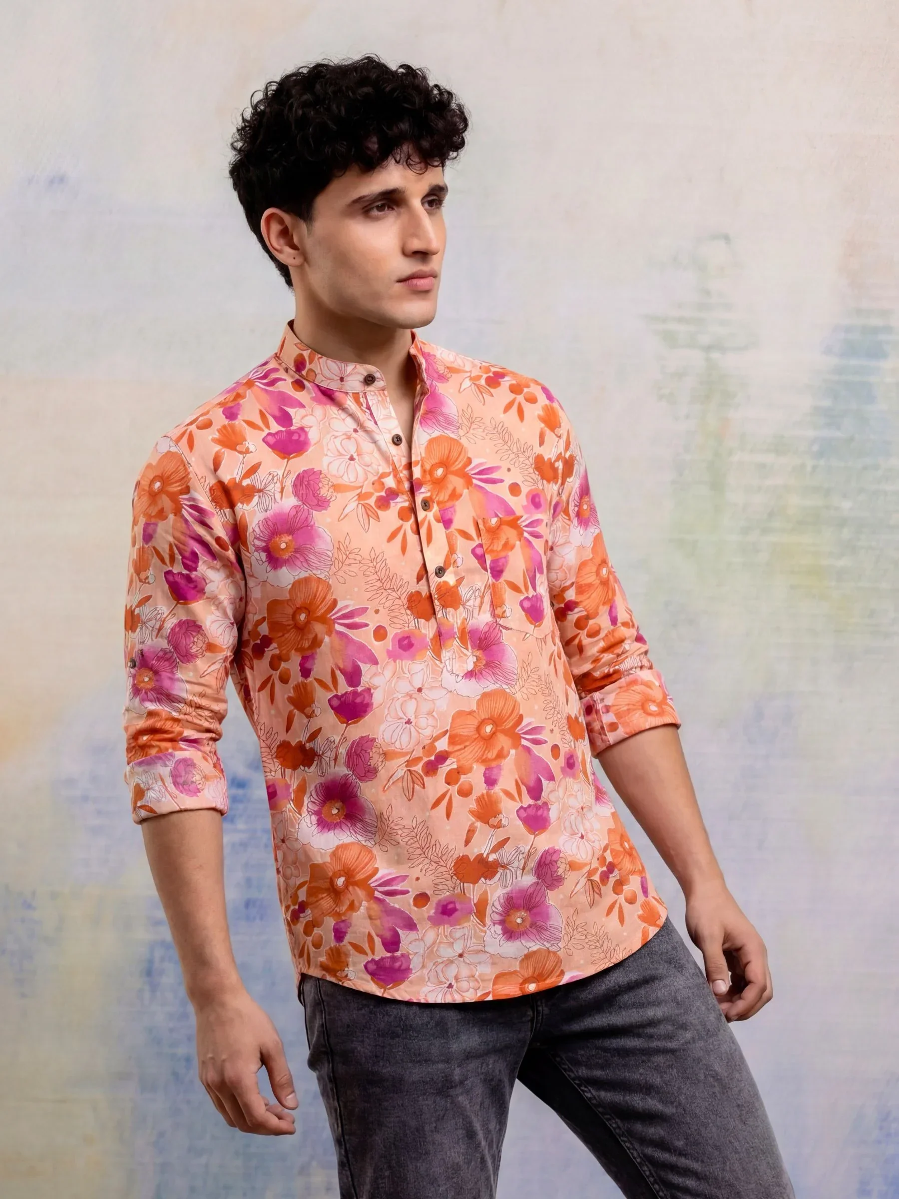 Floral Burst Men’s Peach & Purple Printed Short Kurta | 100% Sanganeri Cotton Ethnic Wear - Image 4