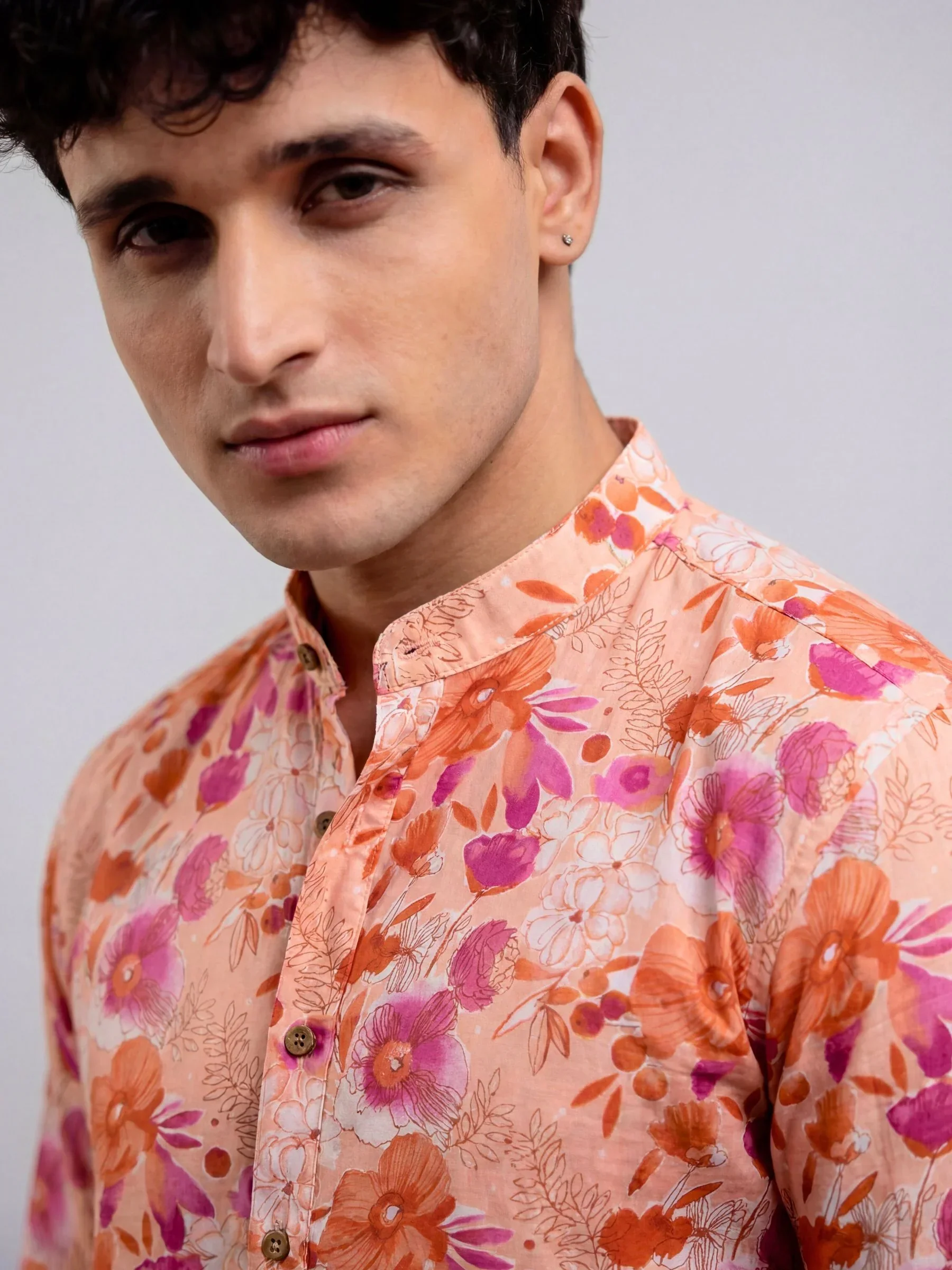 Floral Burst Men’s Peach & Purple Printed Short Kurta | 100% Sanganeri Cotton Ethnic Wear - Image 5