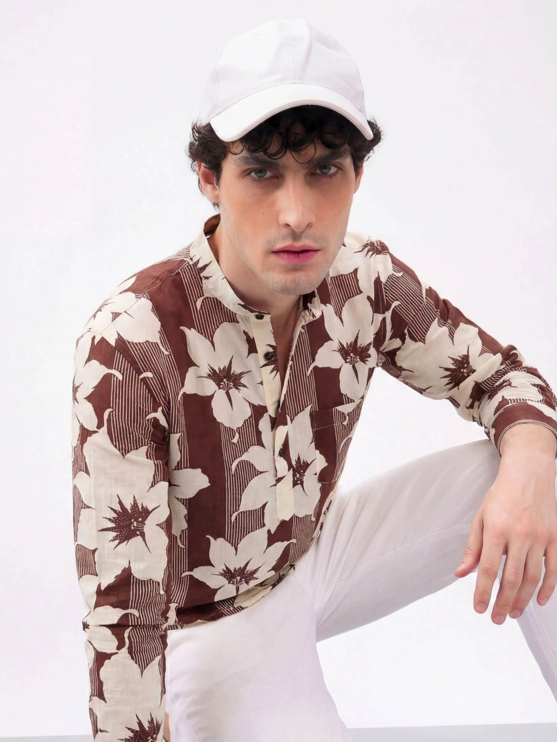 Tropical Bliss Men’s Brown Floral Printed Short Kurta | 100% Sanganeri Cotton Casual Wear - Image 2