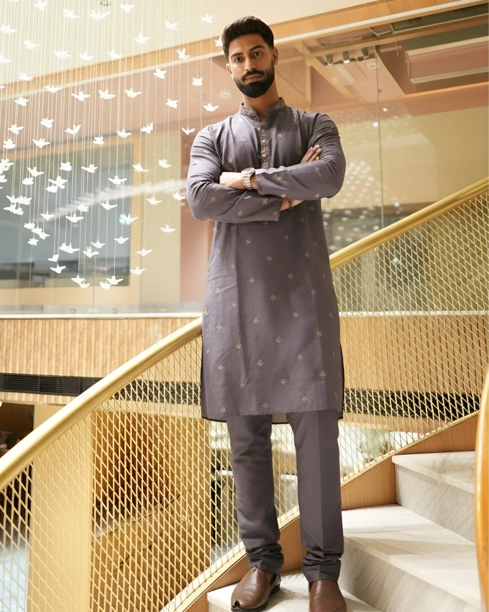 Men’s Lavender Embroidered Long Kurta Pajama Set | Designer Ethnic Wear - Image 5